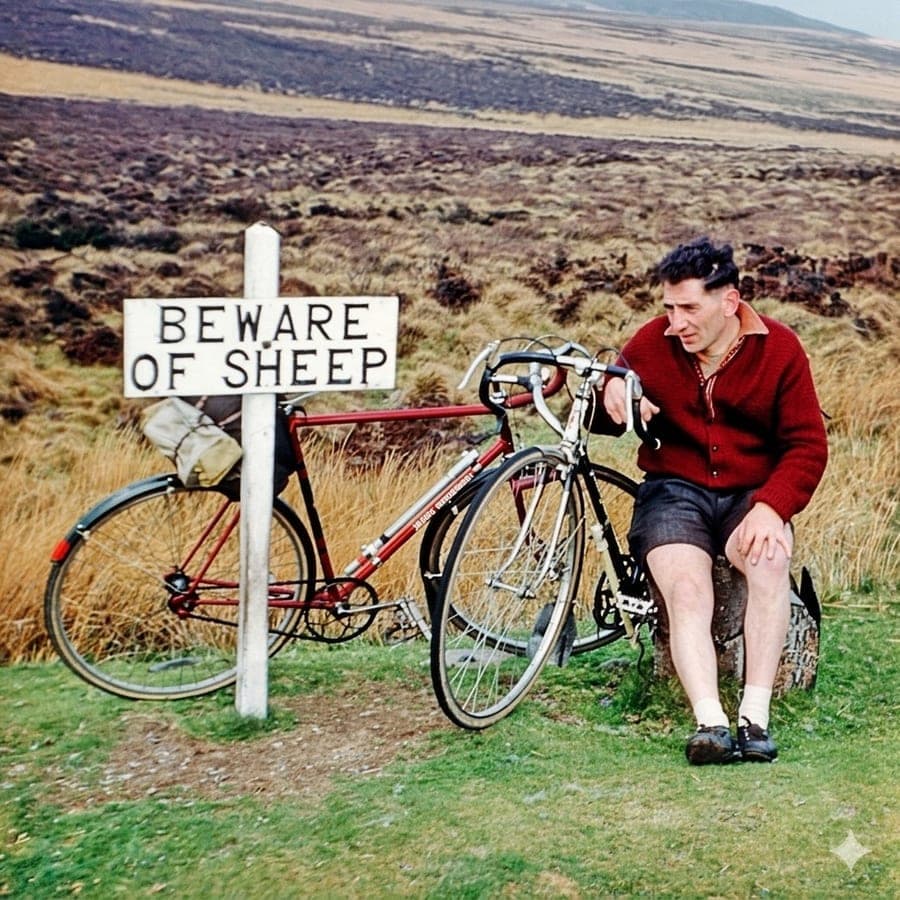 A young man sitting on the verge beside a Beware of Sheep sign on open moorland, with two loaded bicycles propped against the post.