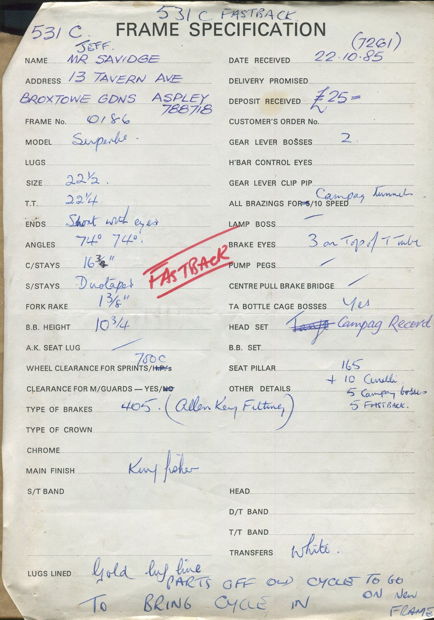 Workshop sheet for Superbe frame 0186