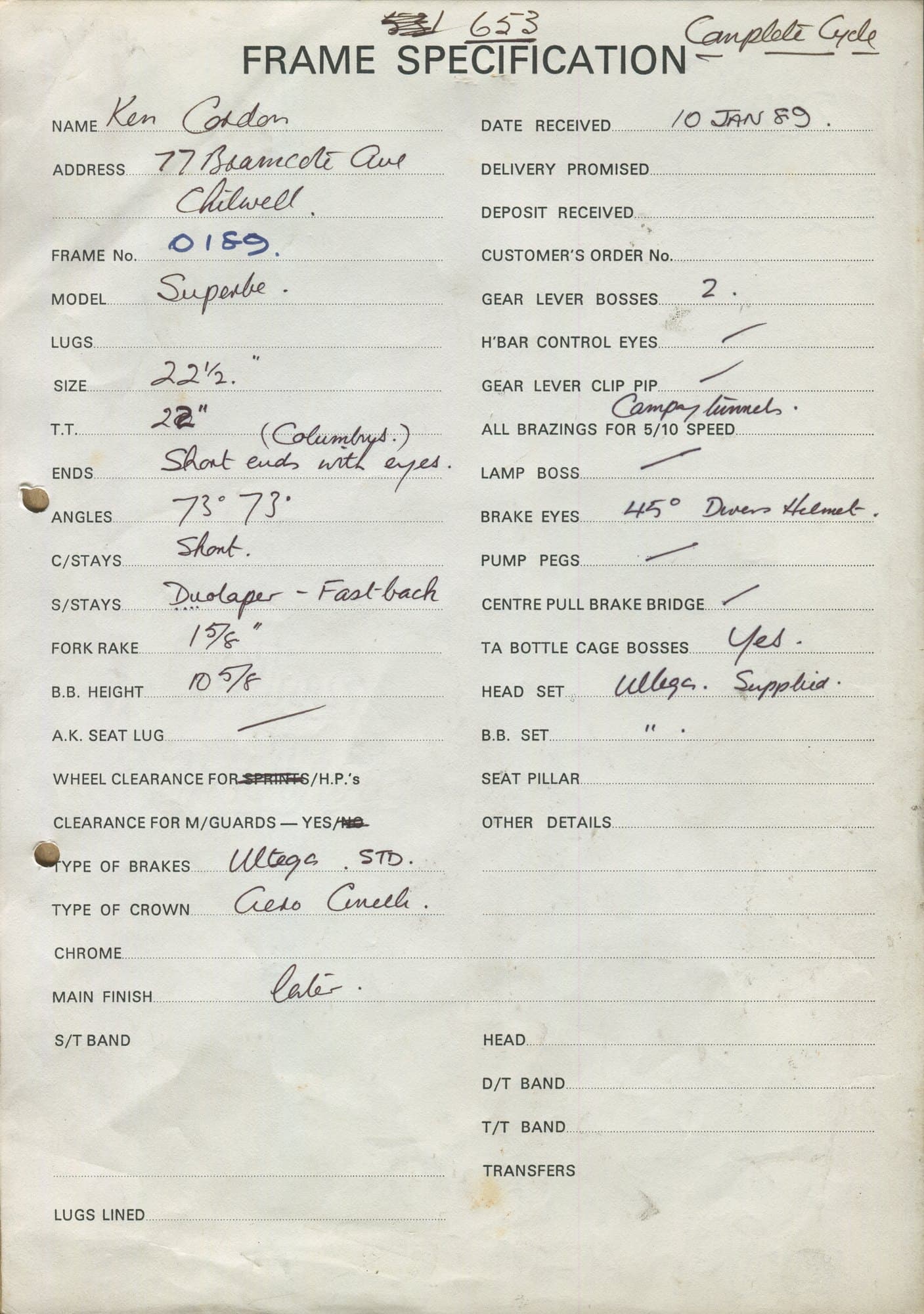 Workshop sheet for Superbe frame 0189