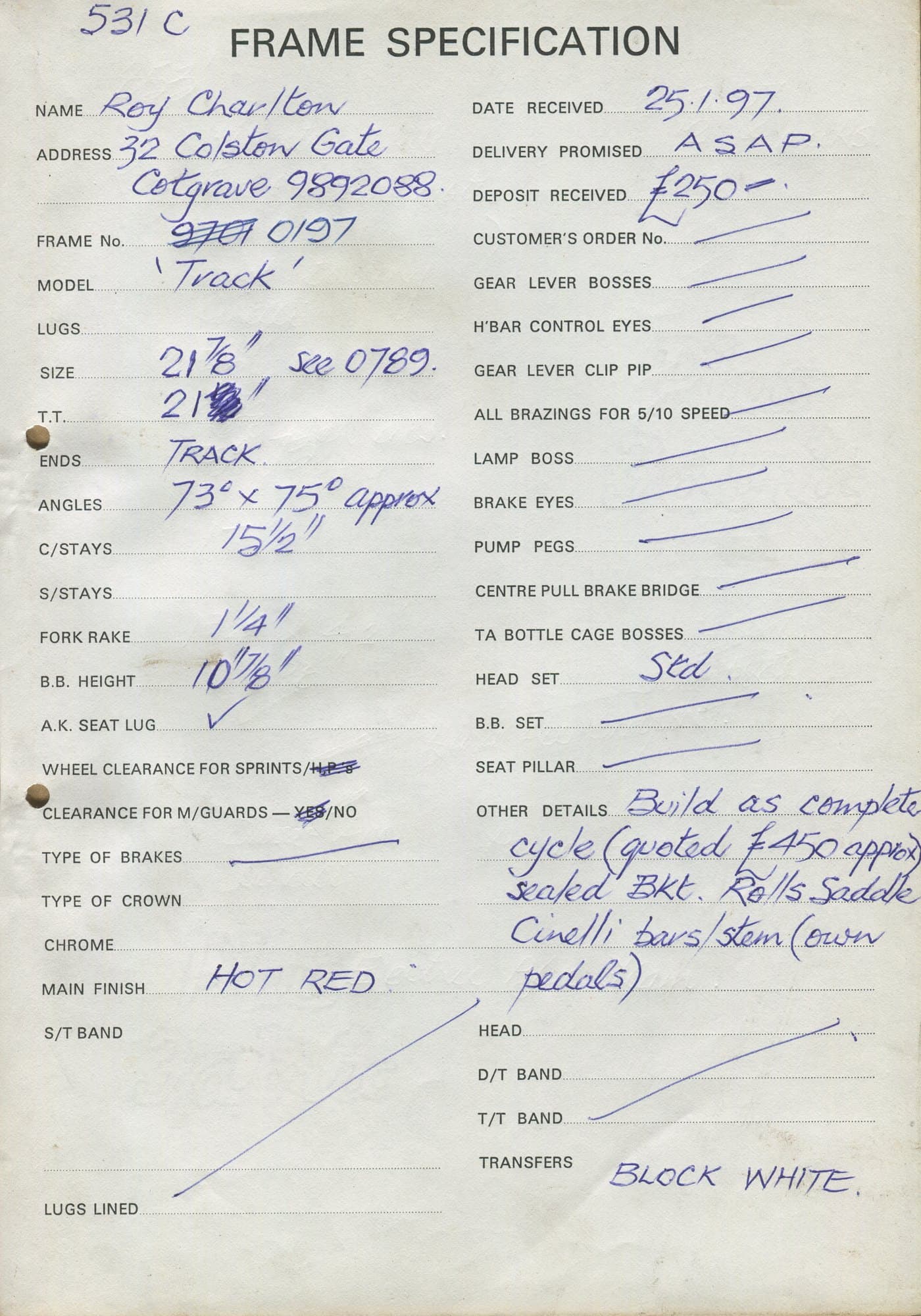 Workshop sheet for Superbe frame 0197