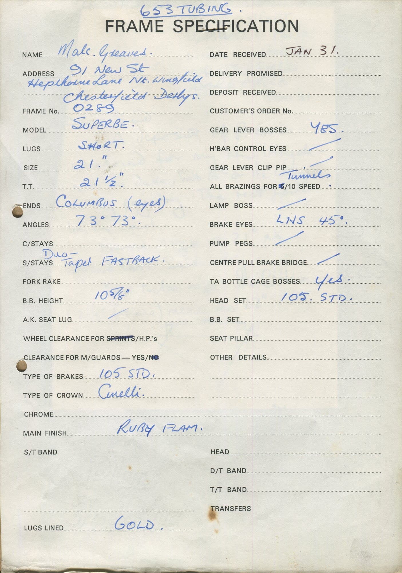 Workshop sheet for Superbe frame 0289