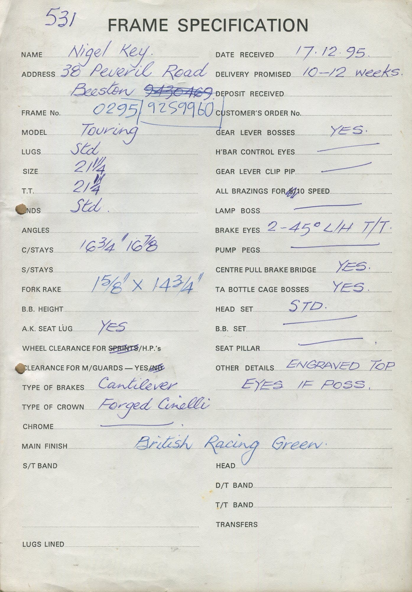 Workshop sheet for Superbe frame 0295