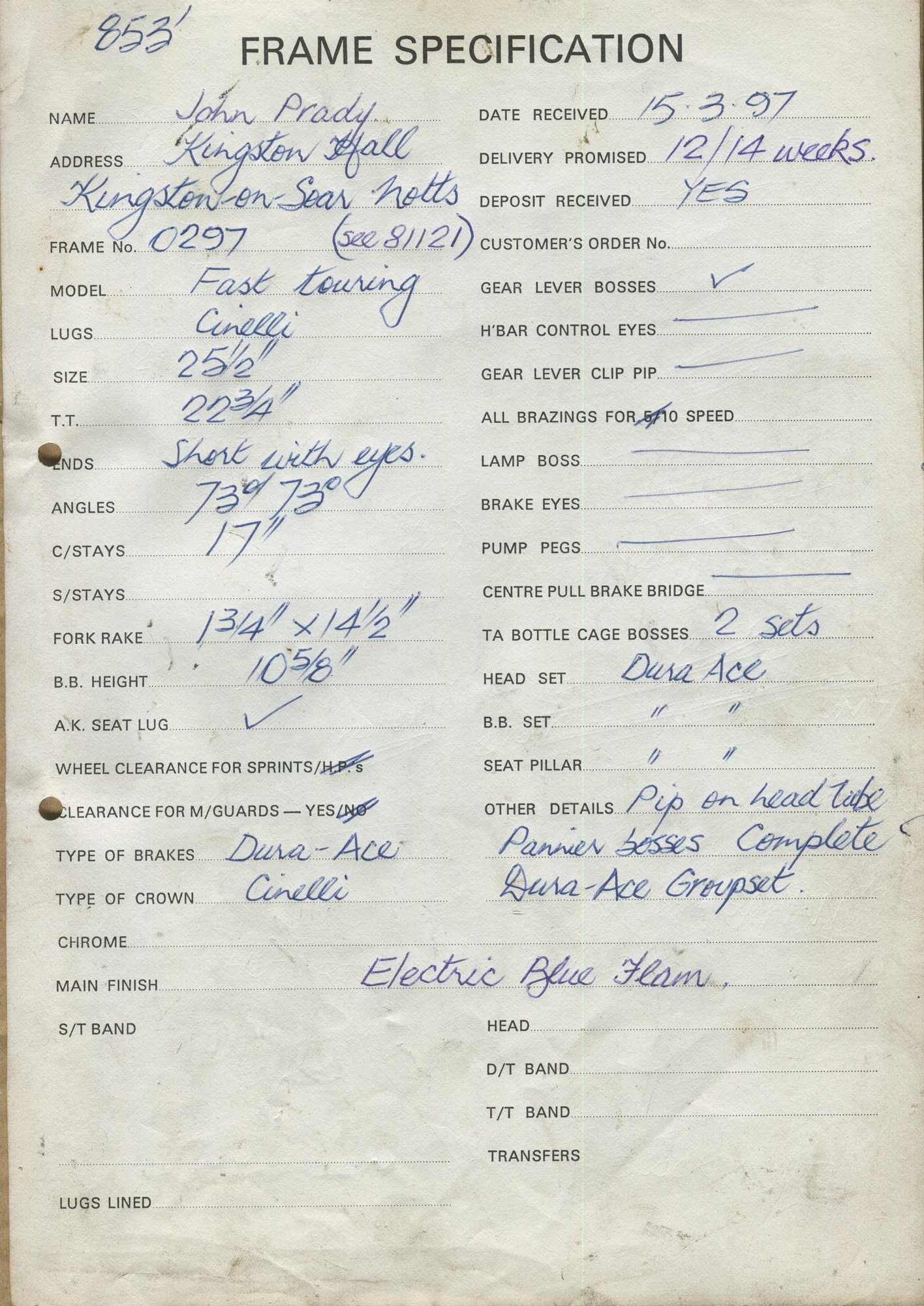Workshop sheet for Superbe frame 0297