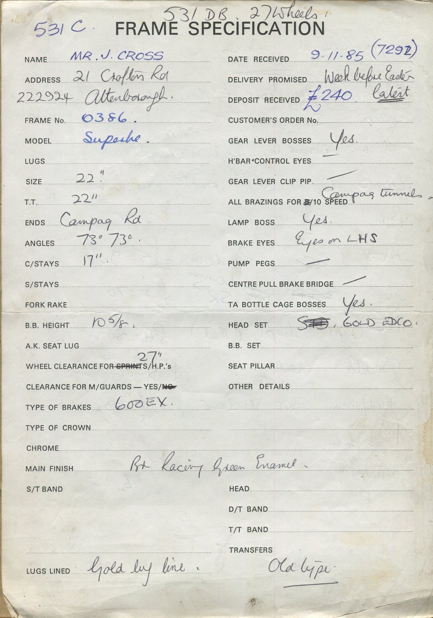 Workshop sheet for Superbe frame 0386