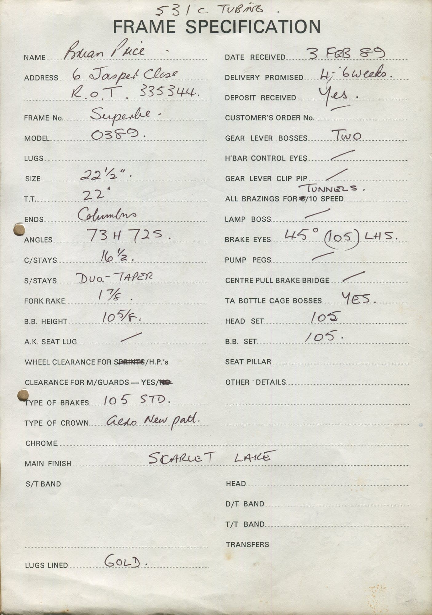 Workshop sheet for Superbe frame 0389