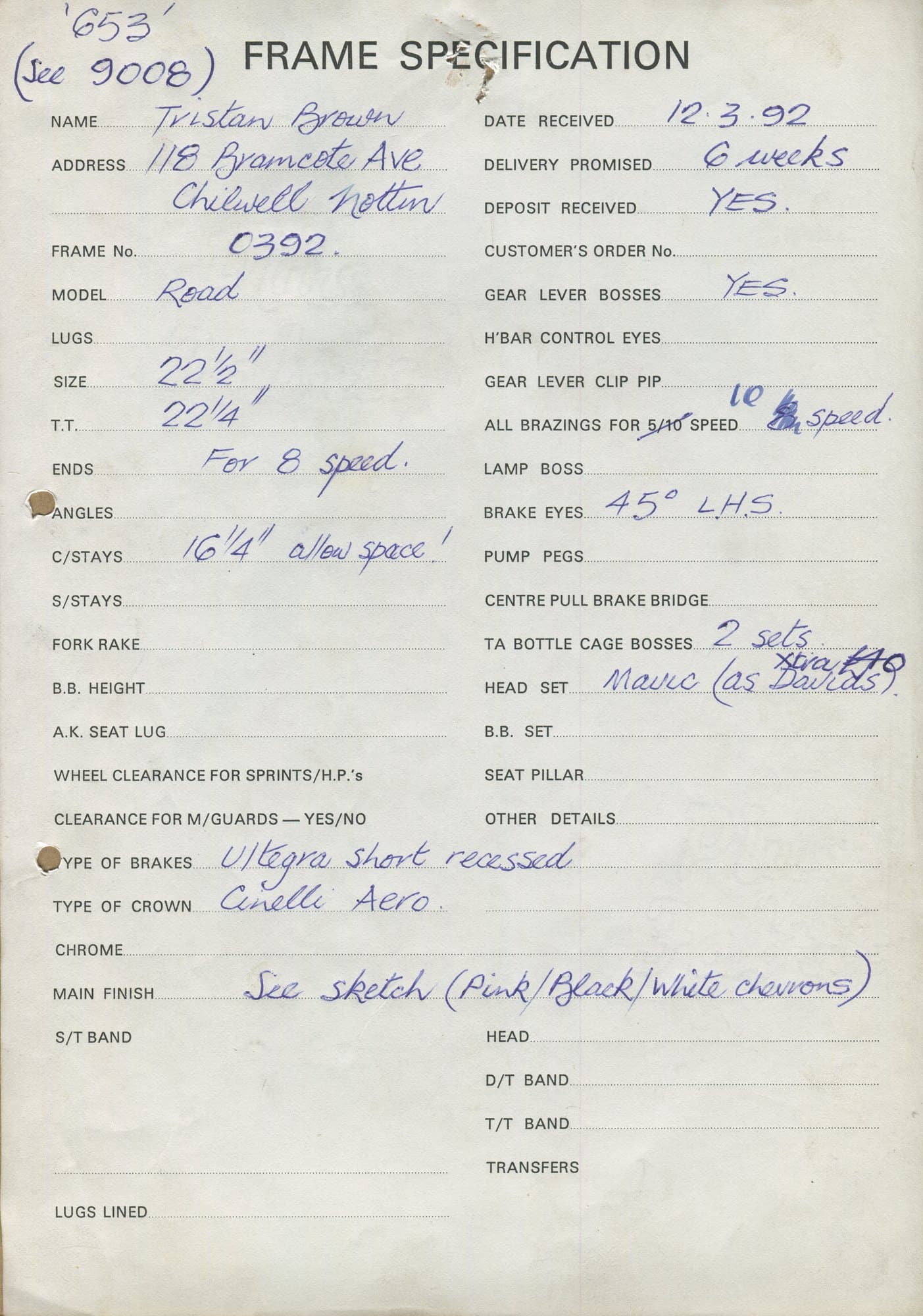 Workshop sheet for Superbe frame 0392