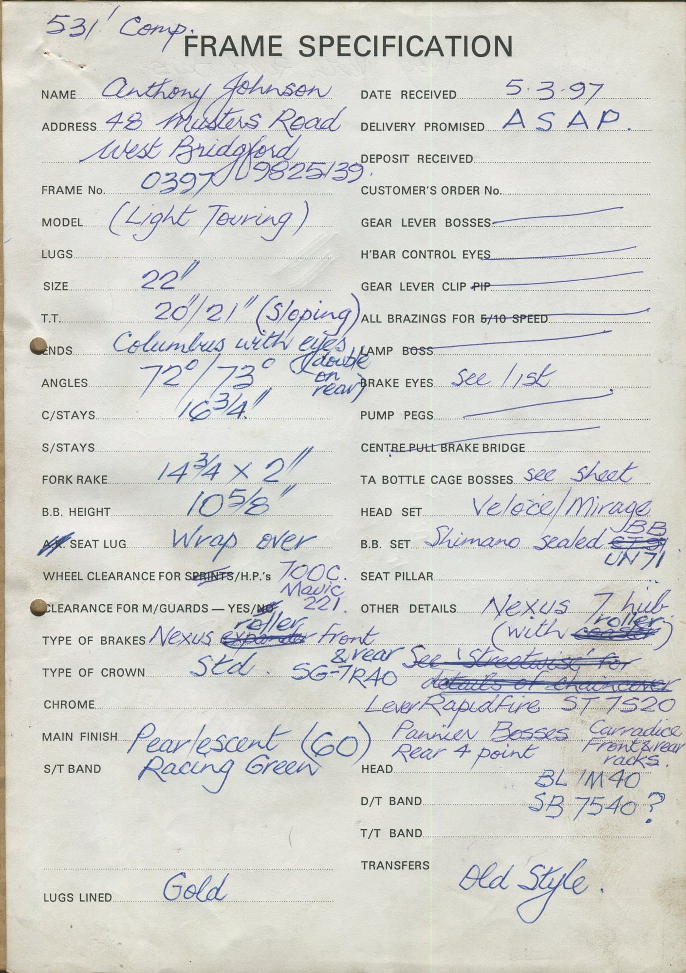 Workshop sheet for Superbe frame 0397