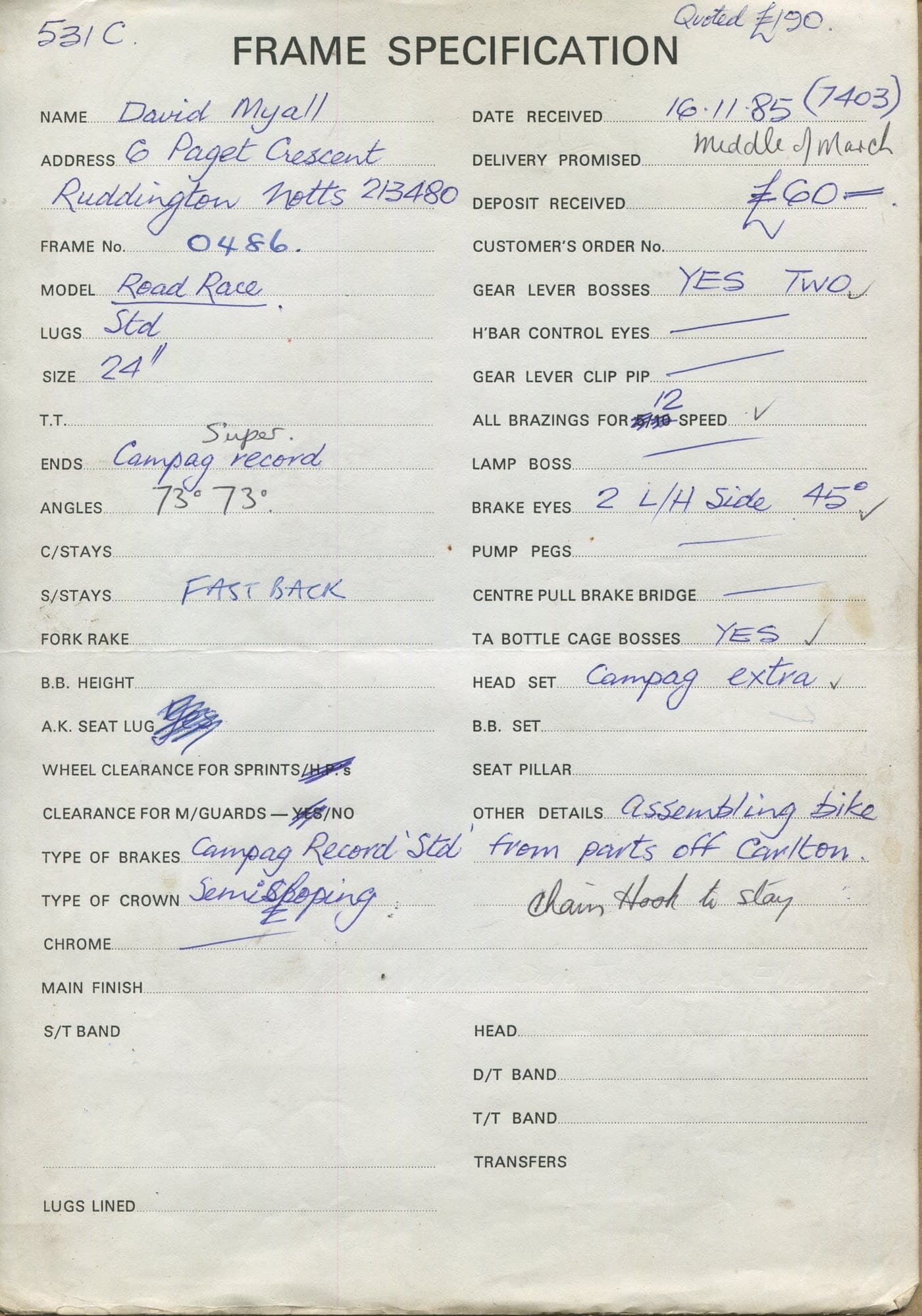 Workshop sheet for Superbe frame 0486