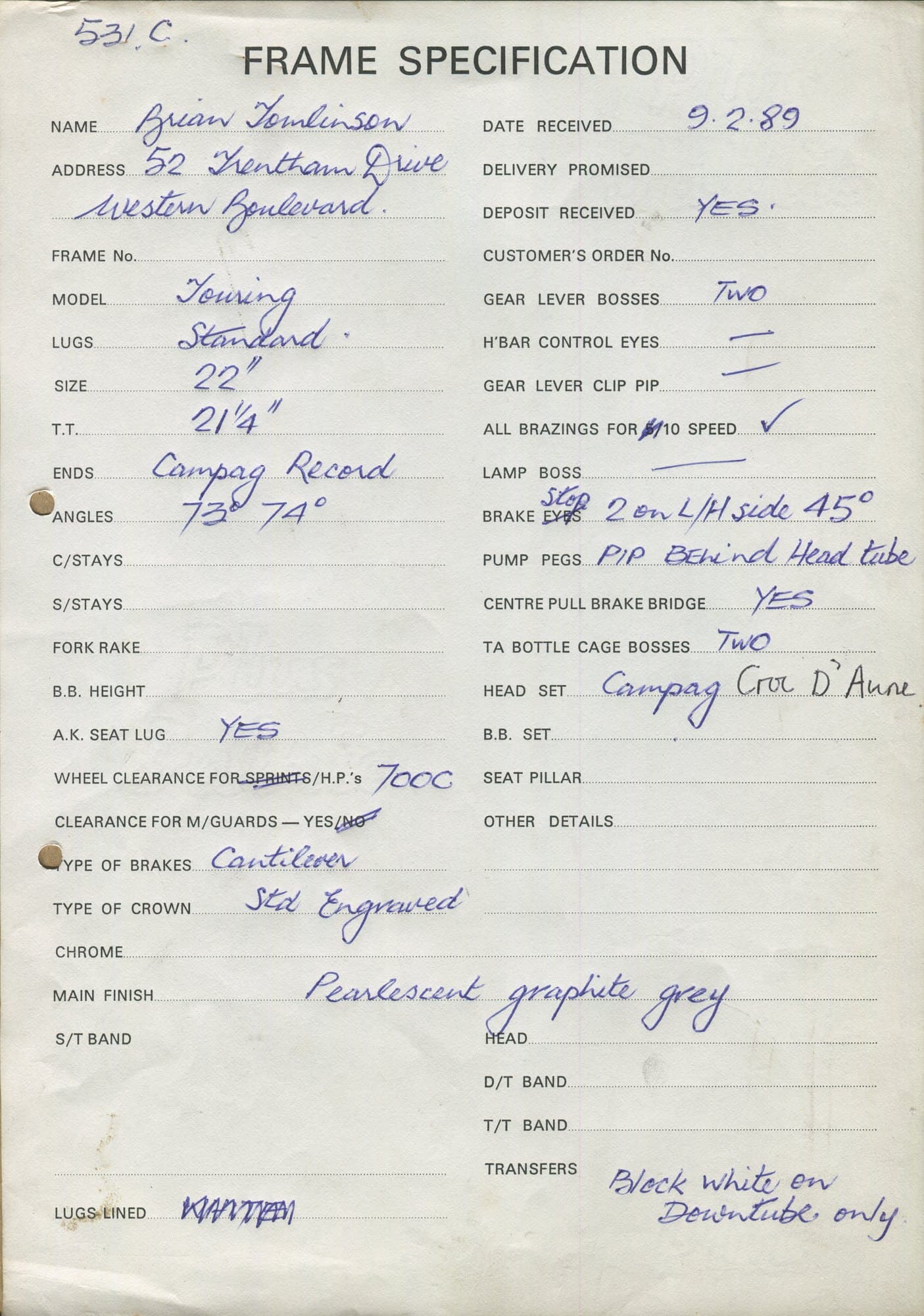 Workshop sheet for Superbe frame 0489