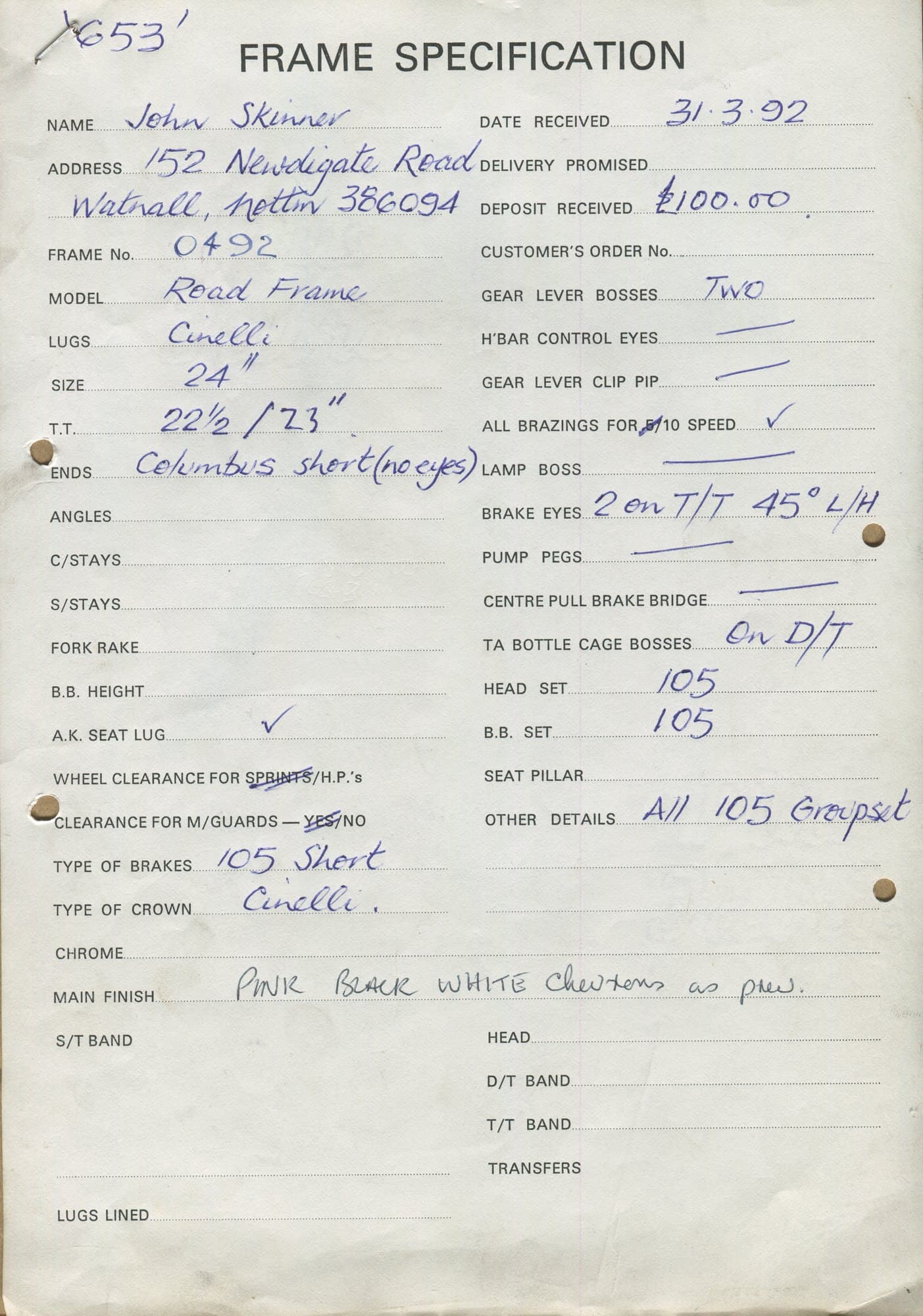Workshop sheet for Superbe frame 0492