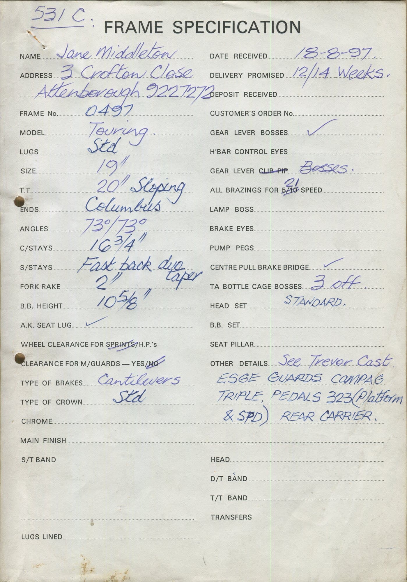 Workshop sheet for Superbe frame 0497