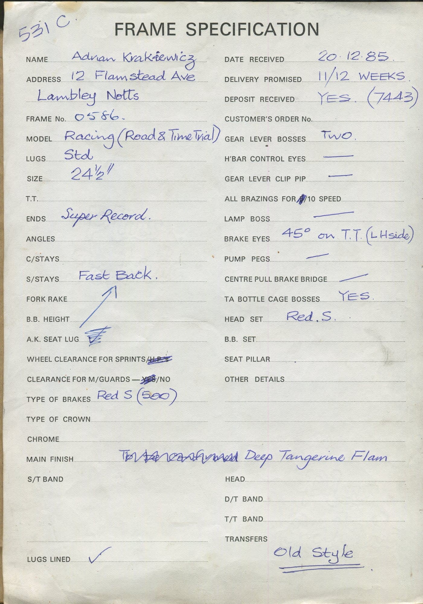 Workshop sheet for Superbe frame 0586