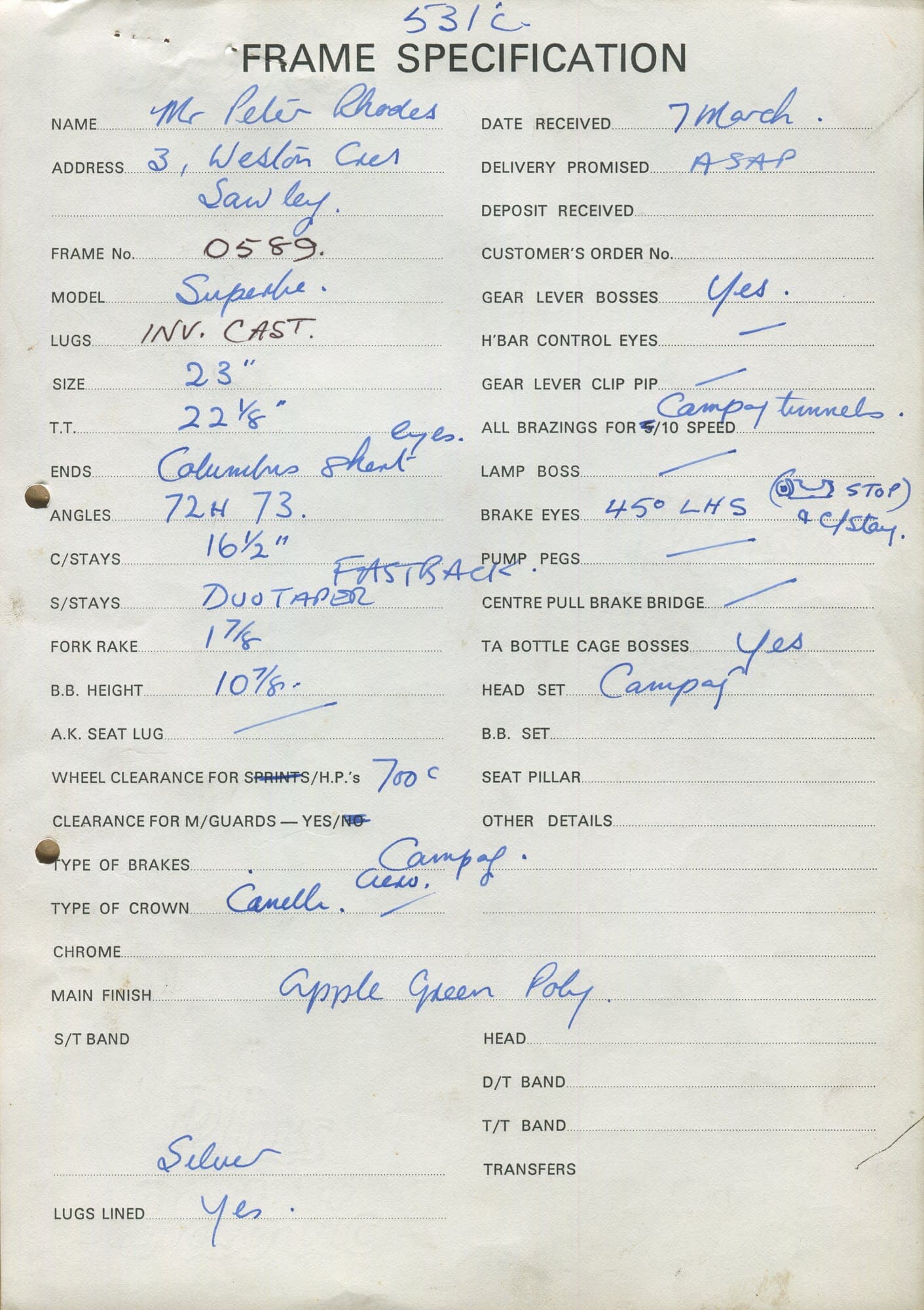 Workshop sheet for Superbe frame 0589