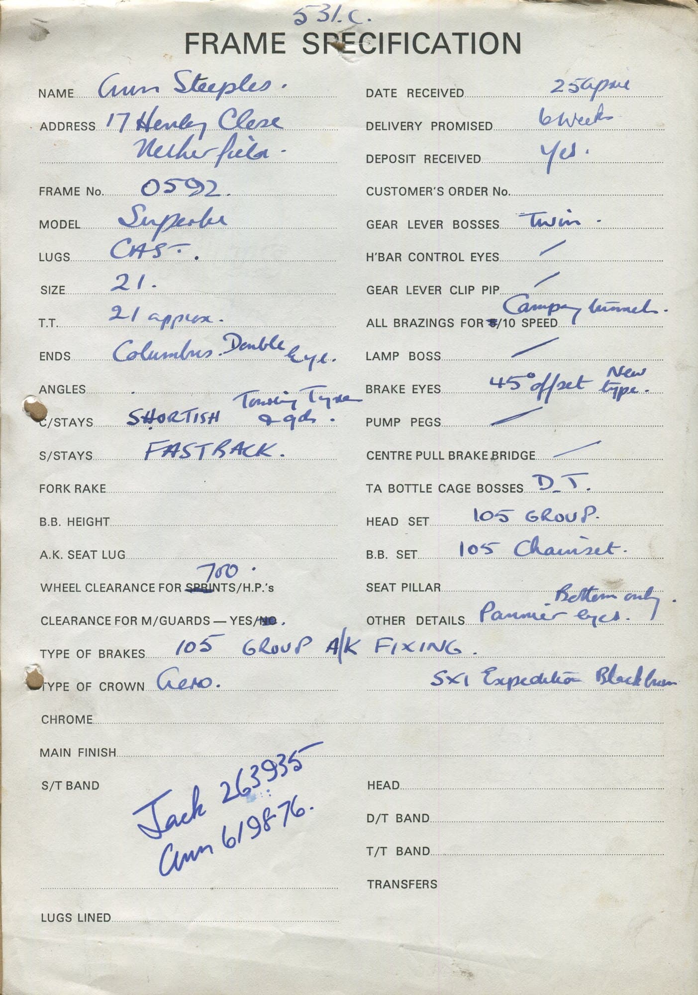 Workshop sheet for Superbe frame 0592