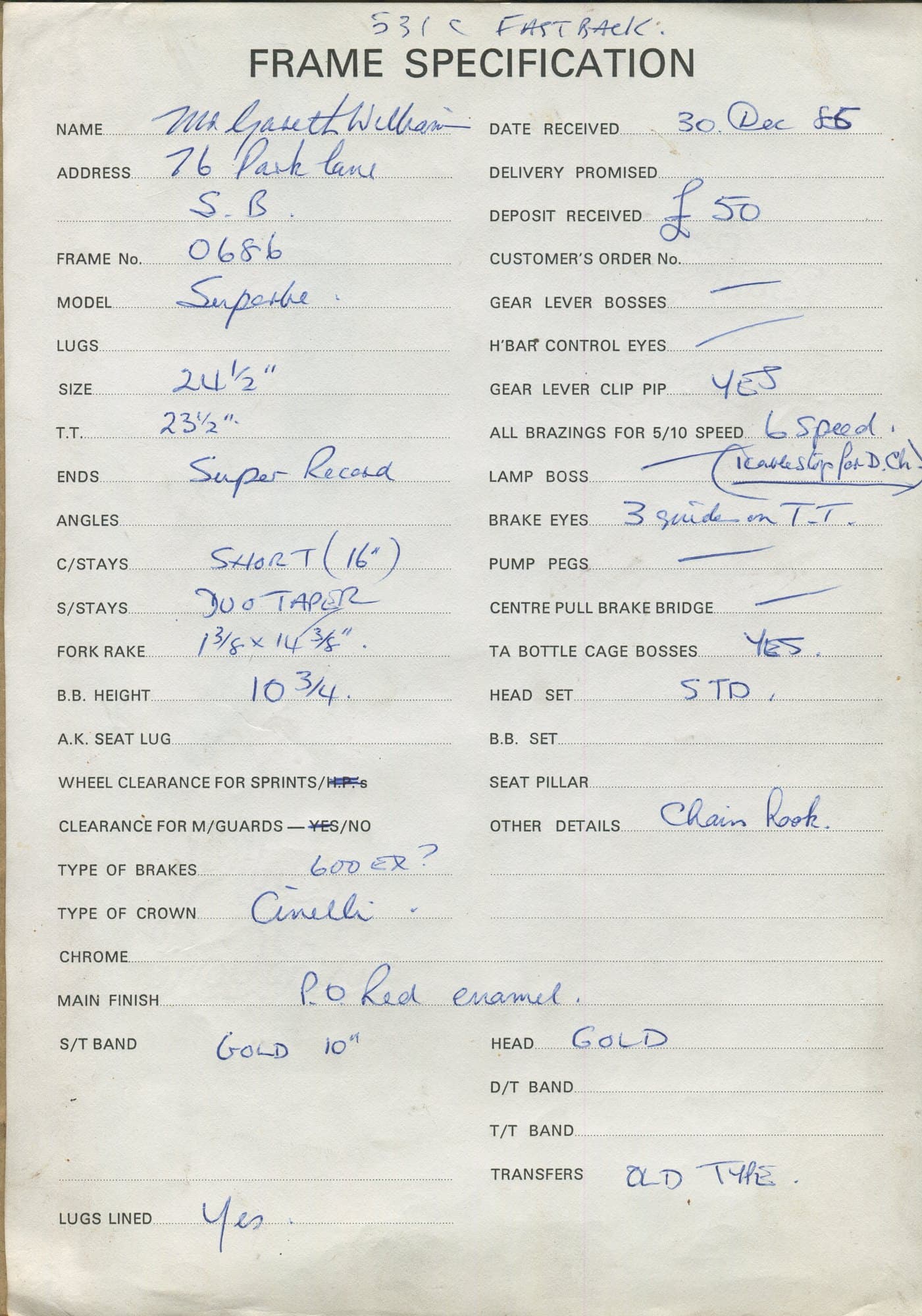 Workshop sheet for Superbe frame 0686