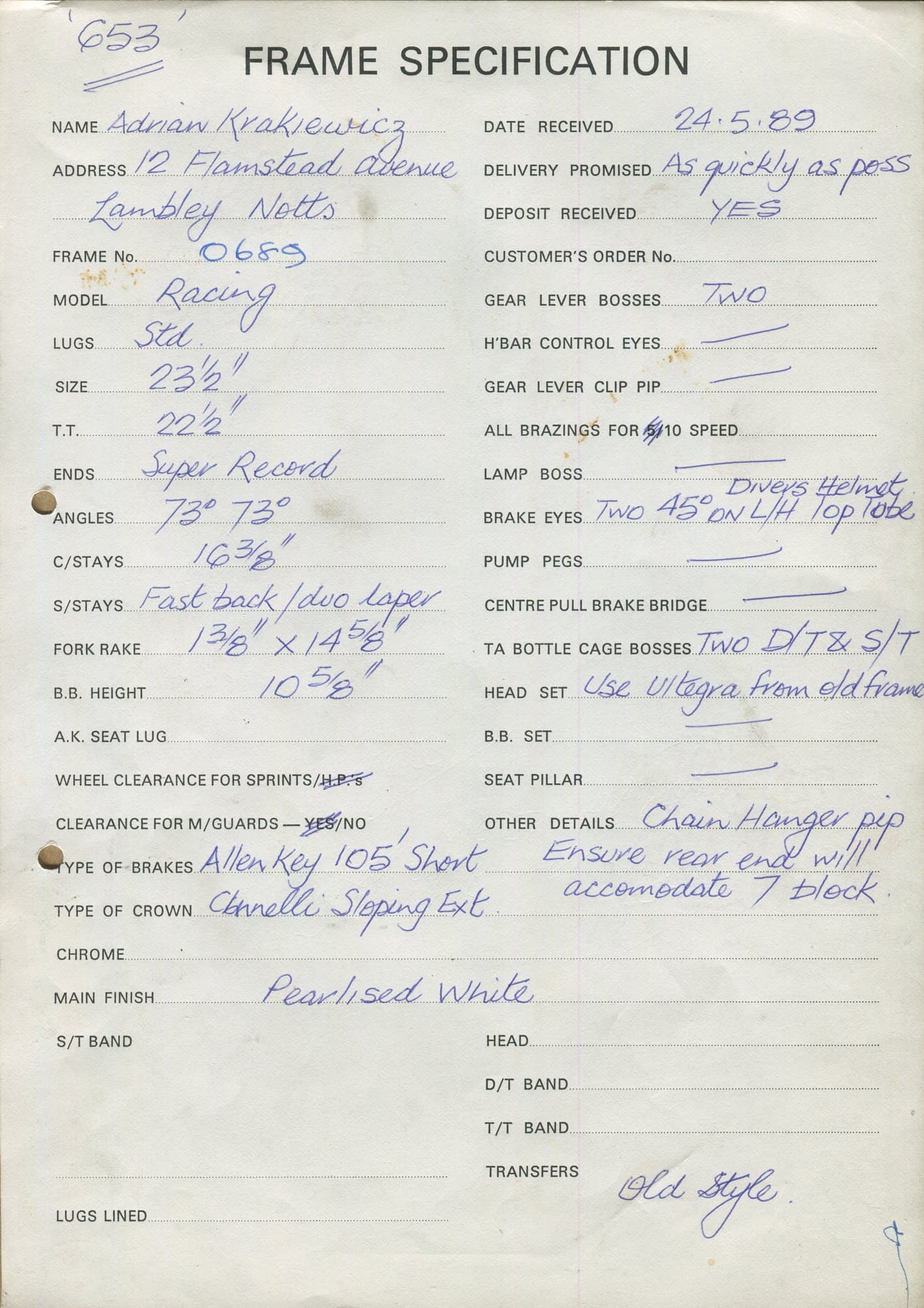 Workshop sheet for Superbe frame 0689