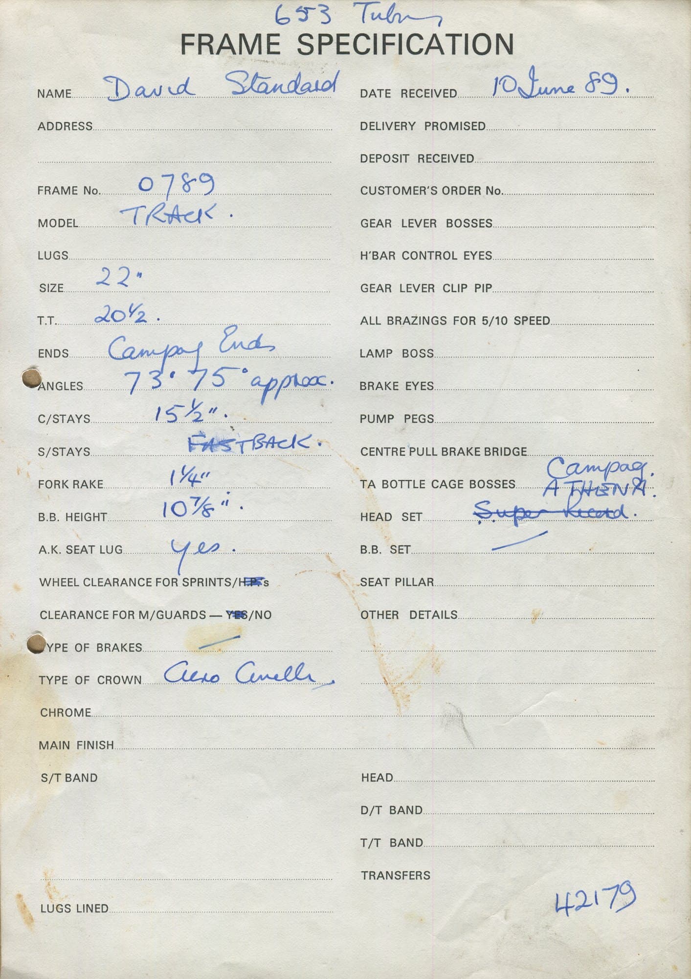 Workshop sheet for Superbe frame 0789