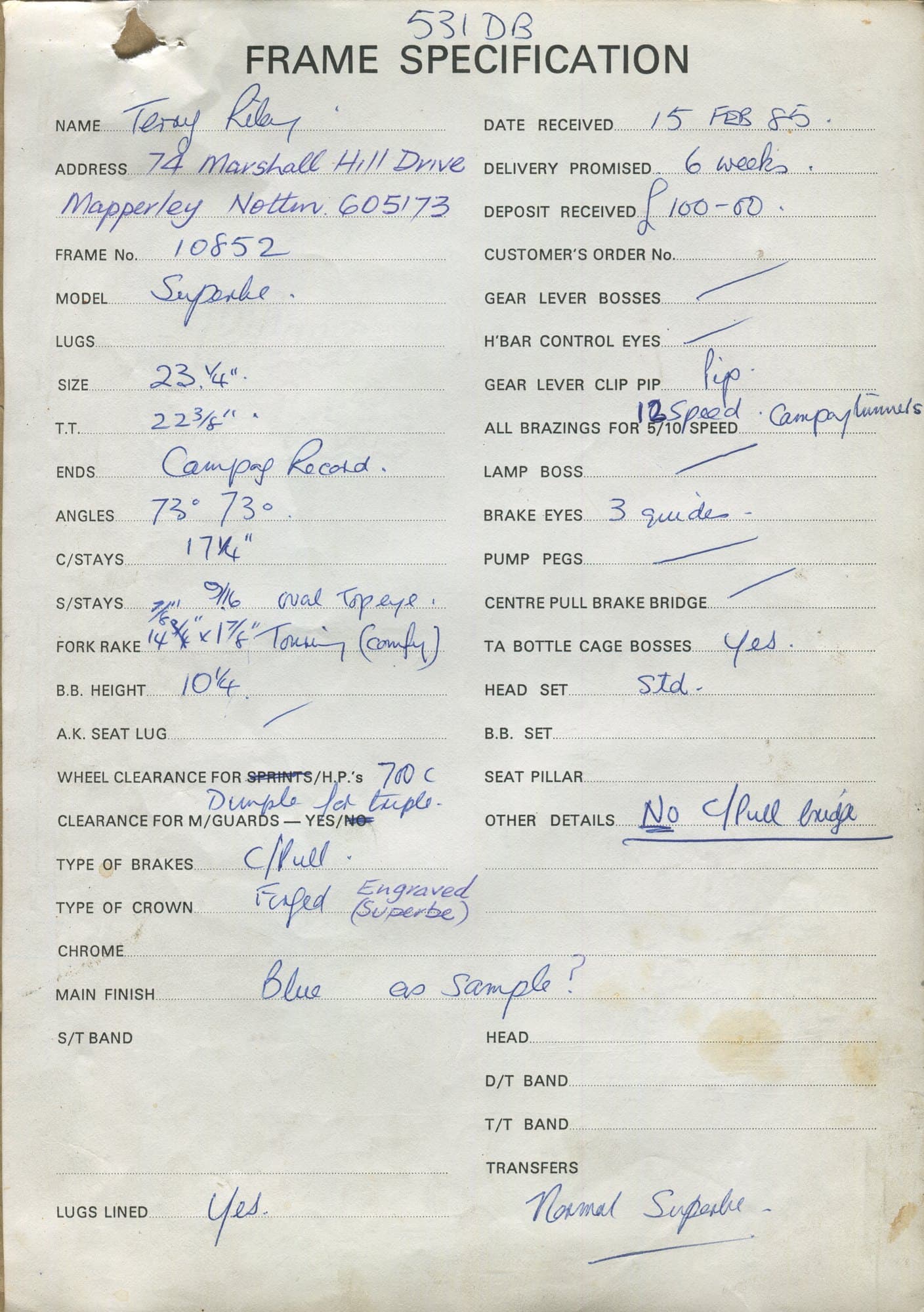 Workshop sheet for Superbe frame 10852