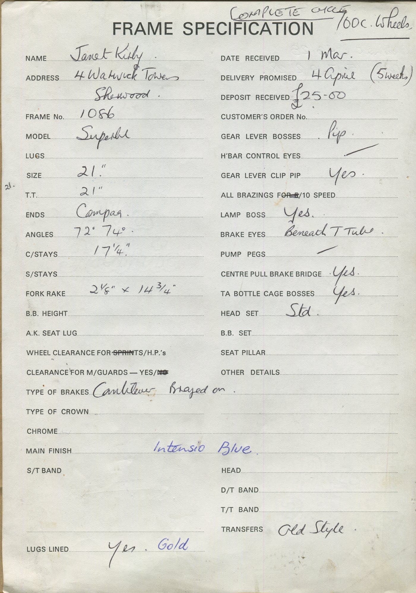Workshop sheet for Superbe frame 1086