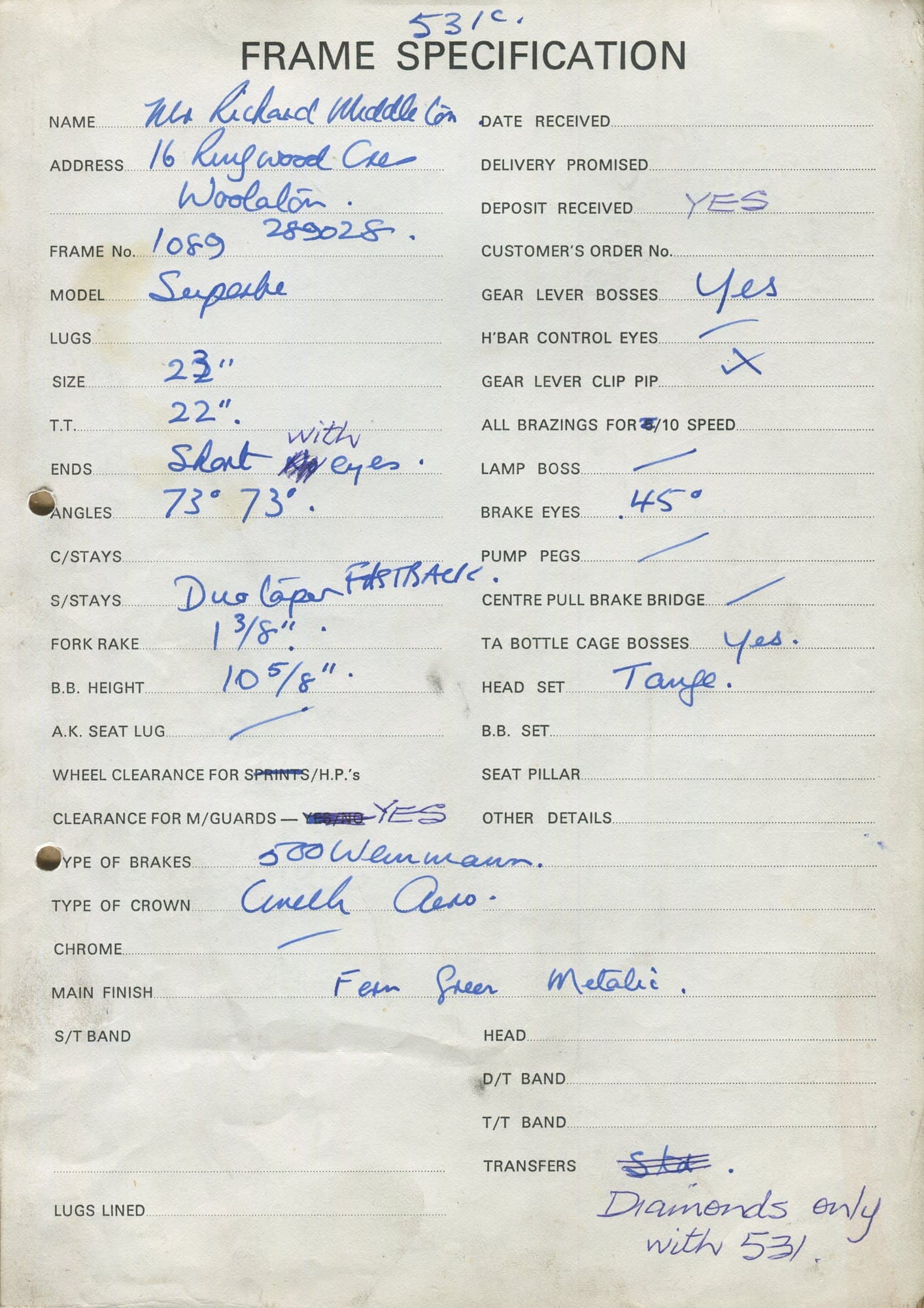 Workshop sheet for Superbe frame 1089