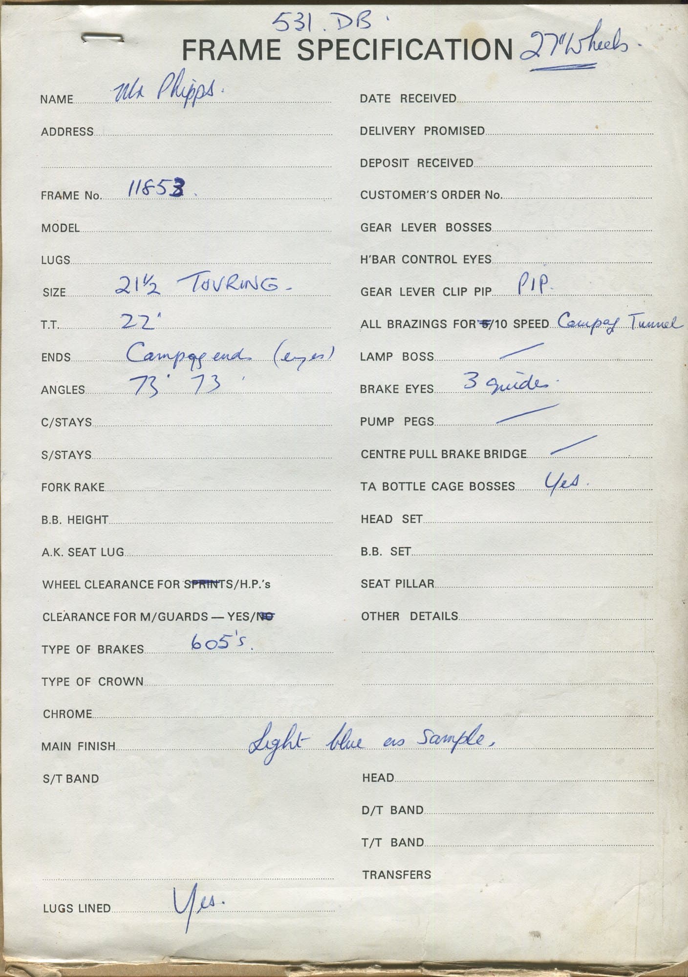 Workshop sheet for Superbe frame 11853