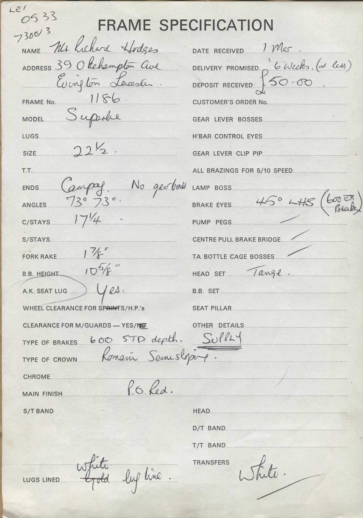 Workshop sheet for Superbe frame 1186