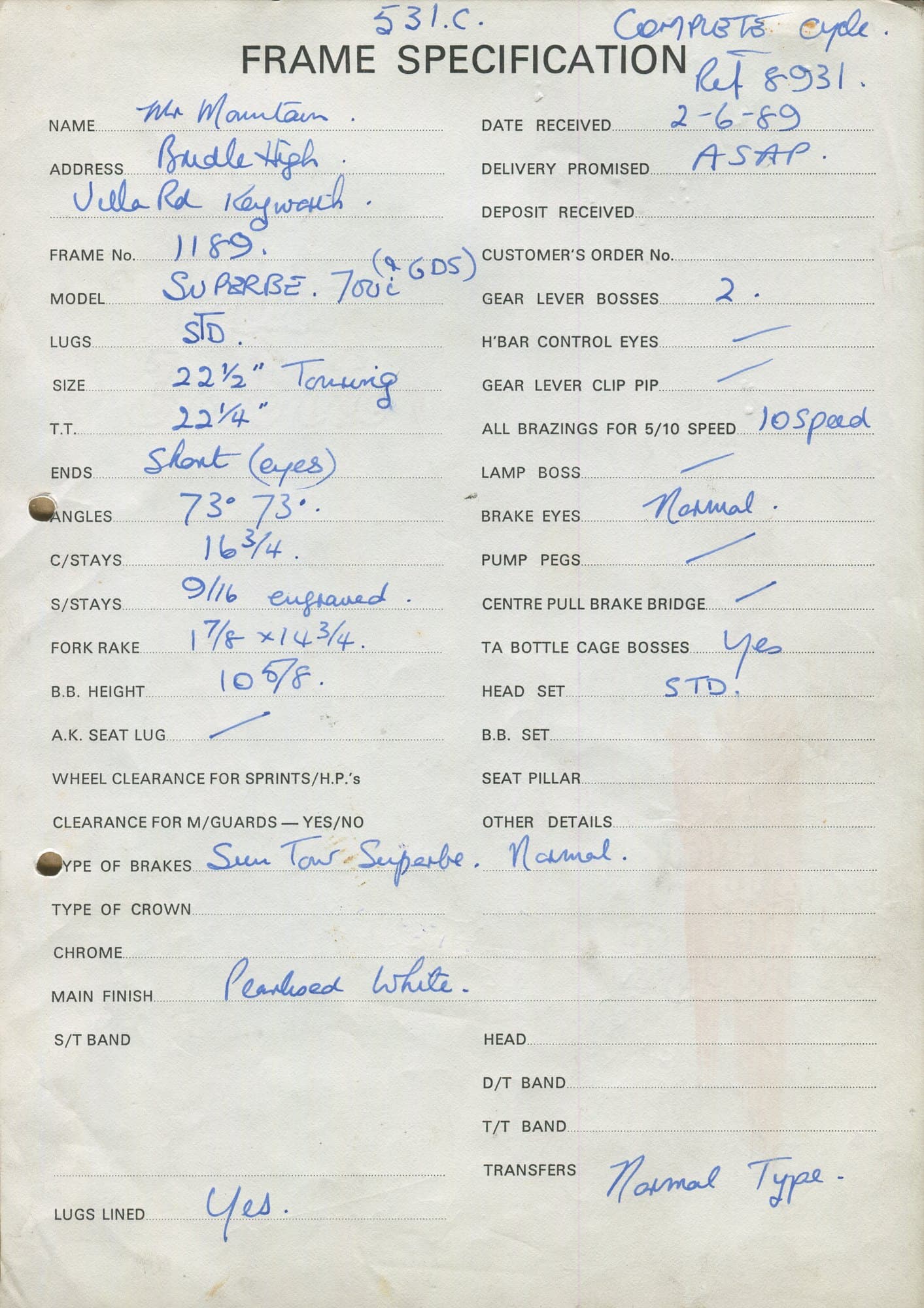 Workshop sheet for Superbe frame 1189