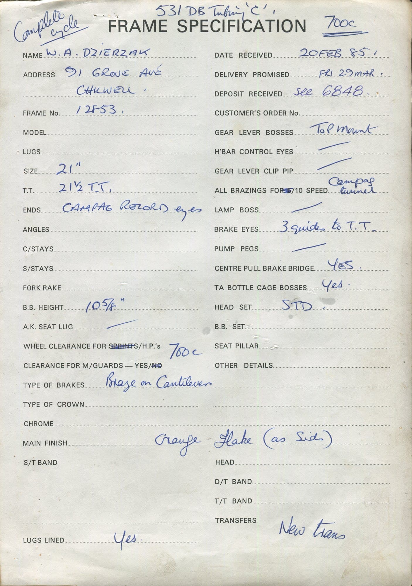 Workshop sheet for Superbe frame 12853