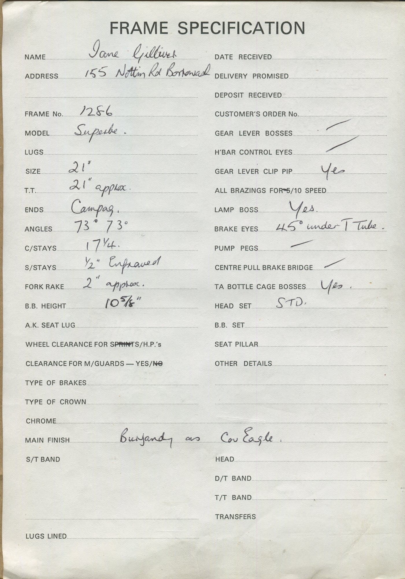 Workshop sheet for Superbe frame 1286