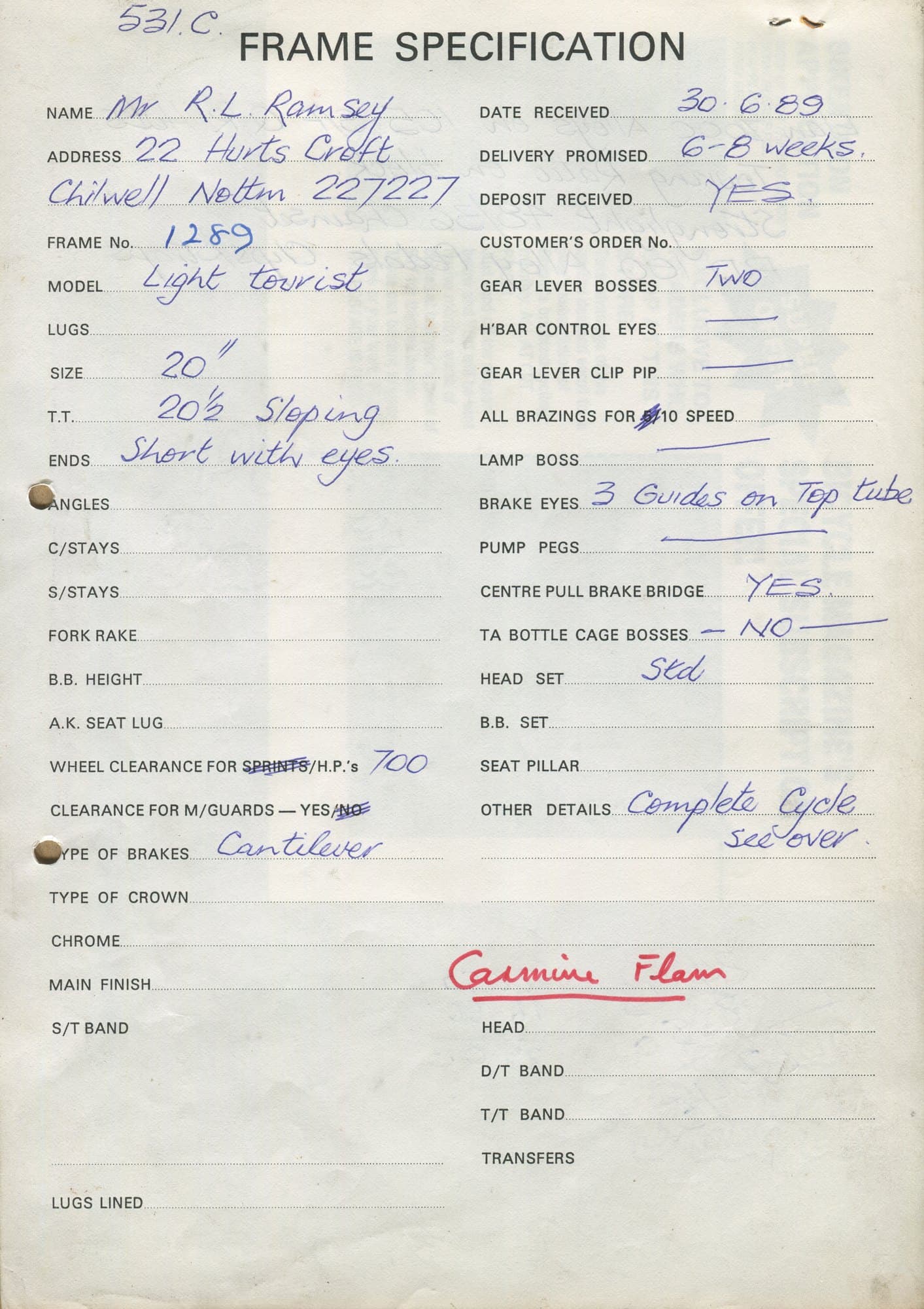 Workshop sheet for Superbe frame 1289