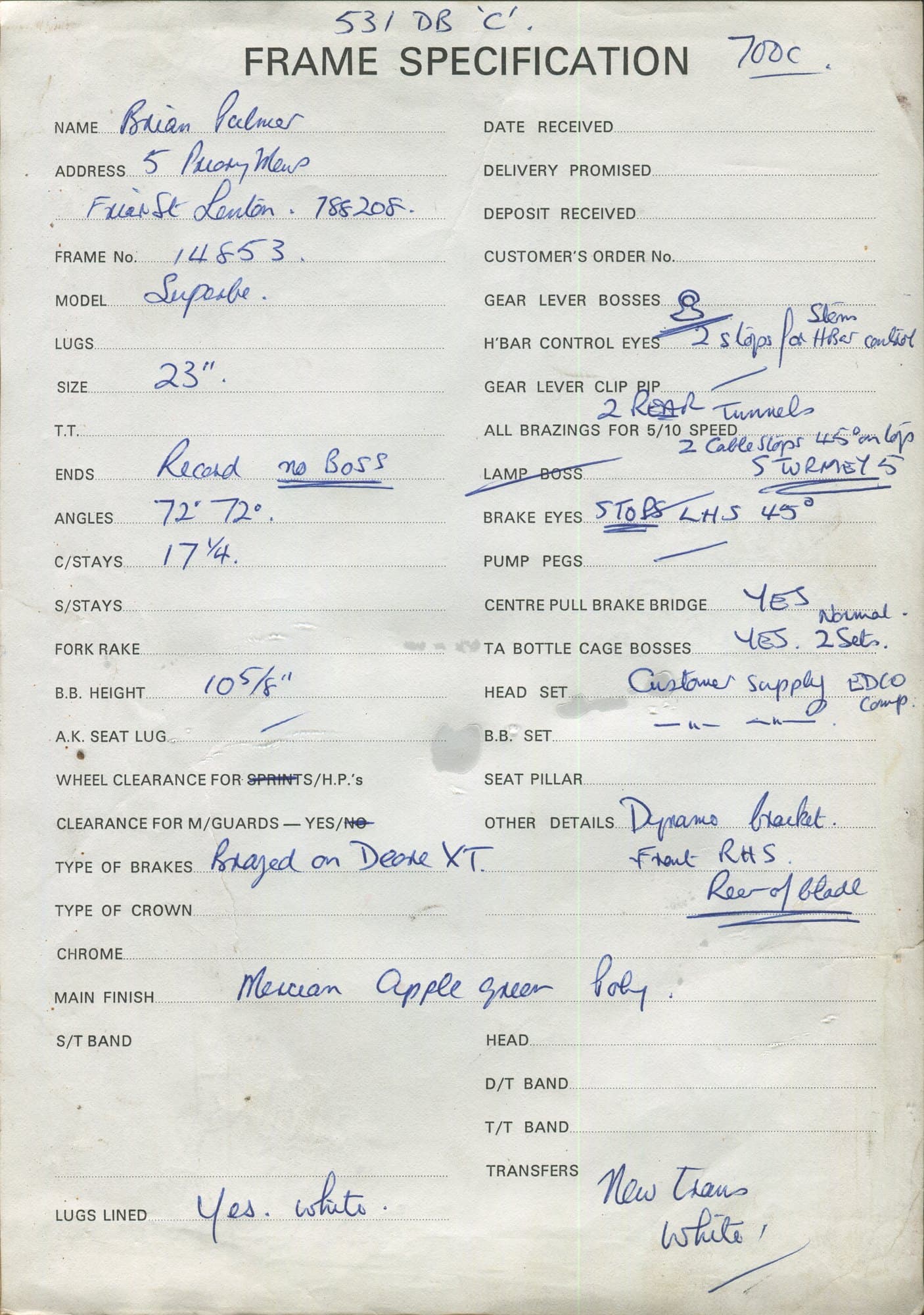 Workshop sheet for Superbe frame 14853