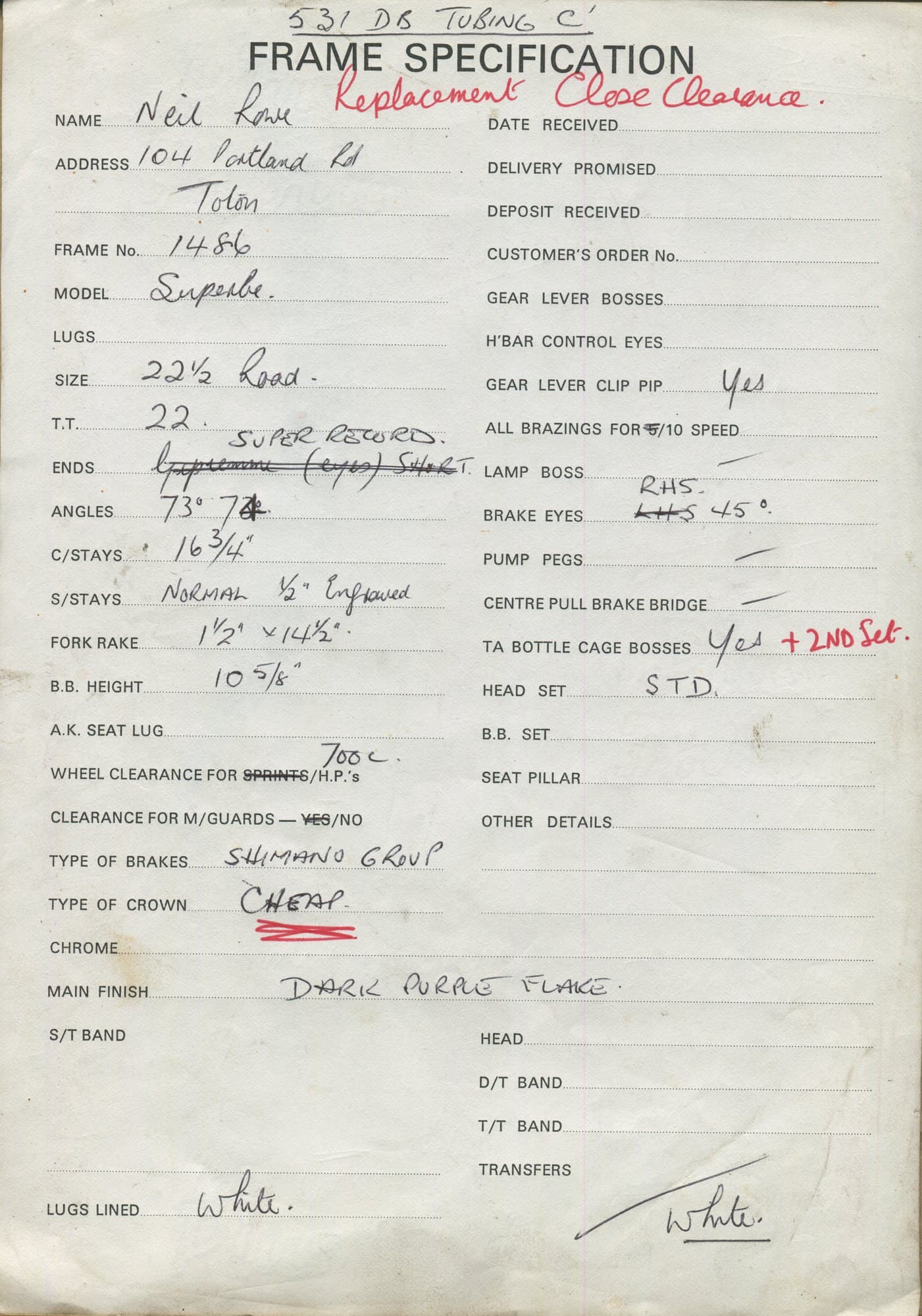 Workshop sheet for Superbe frame 1486