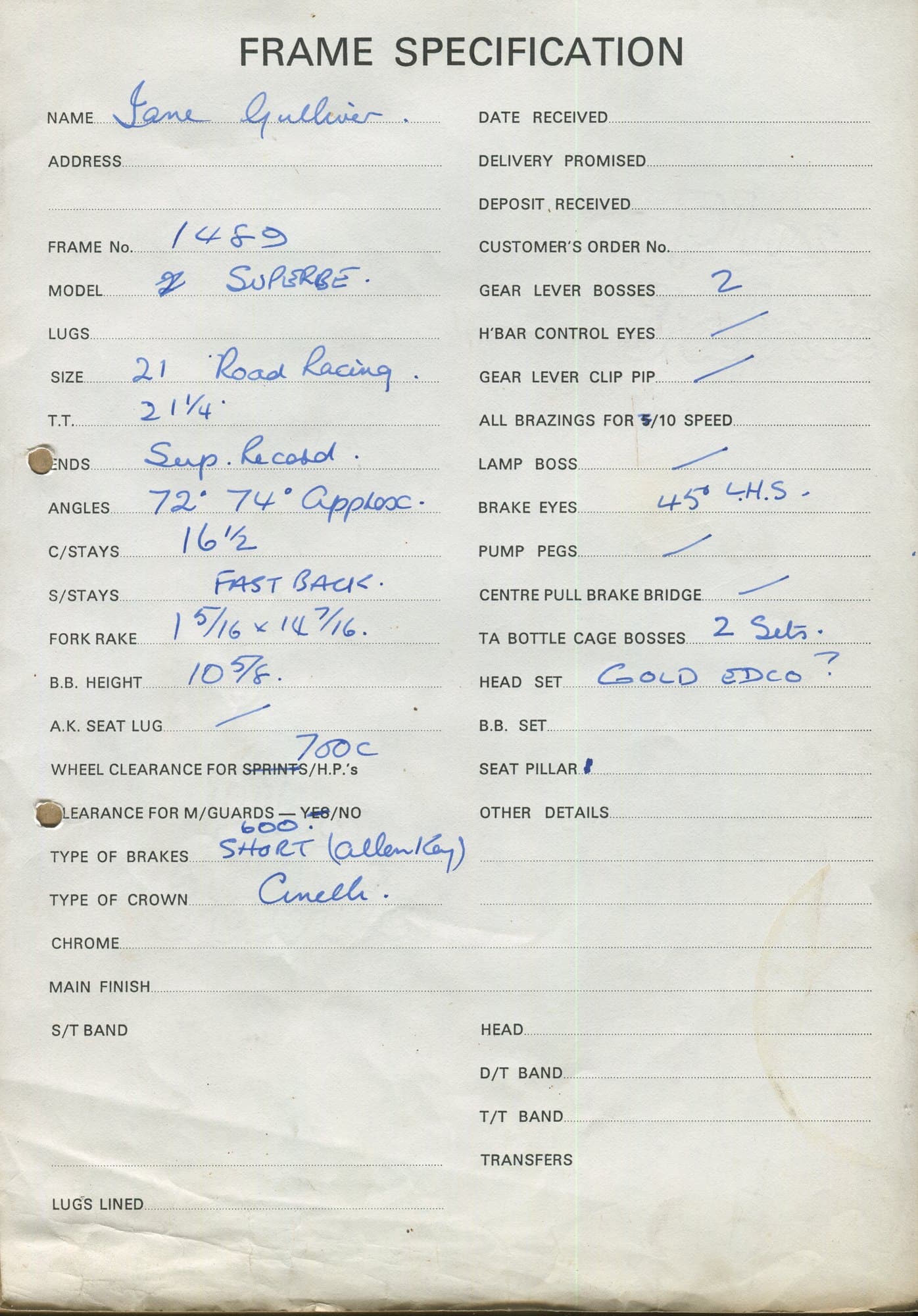 Workshop sheet for Superbe frame 1489