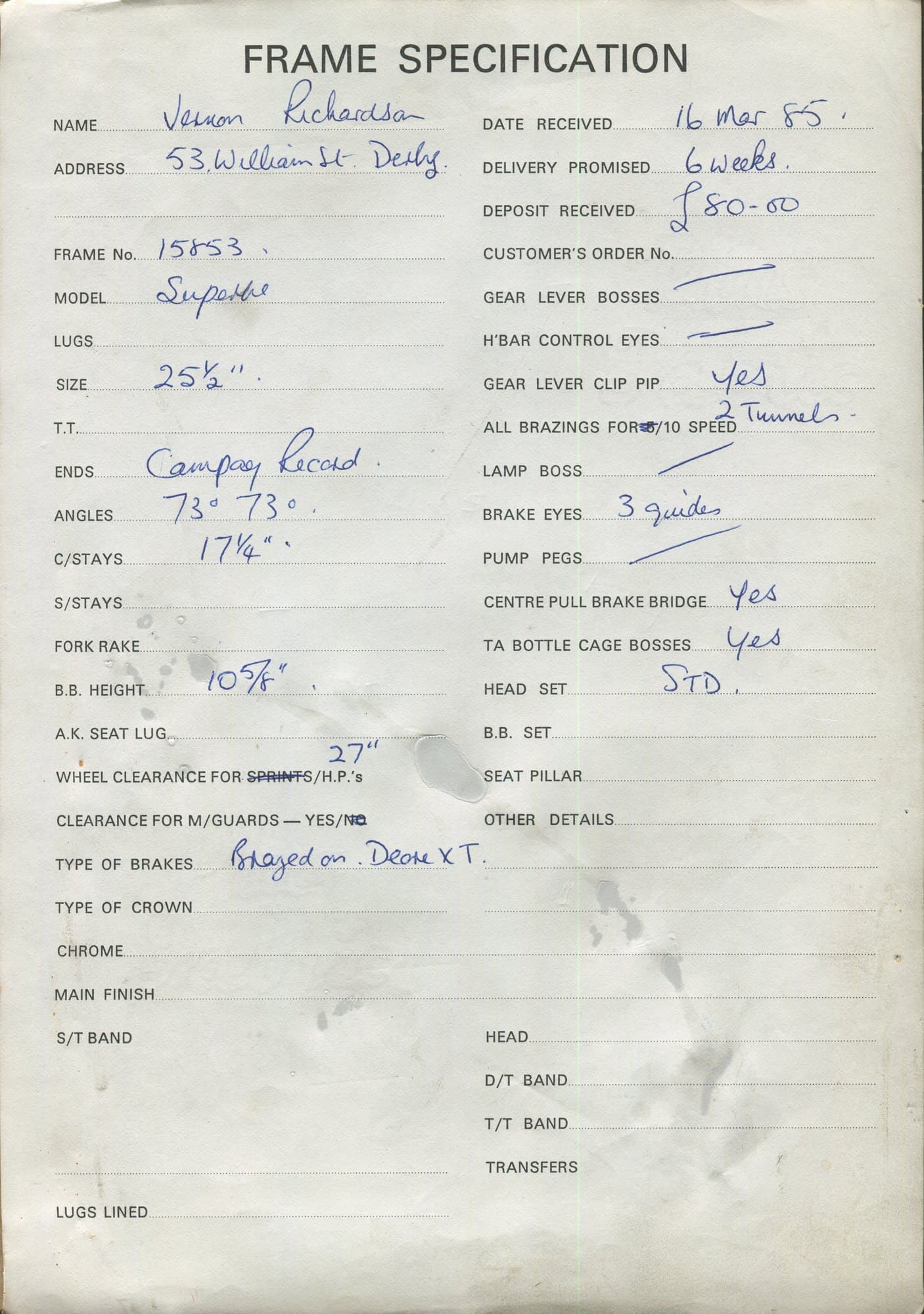 Workshop sheet for Superbe frame 15853