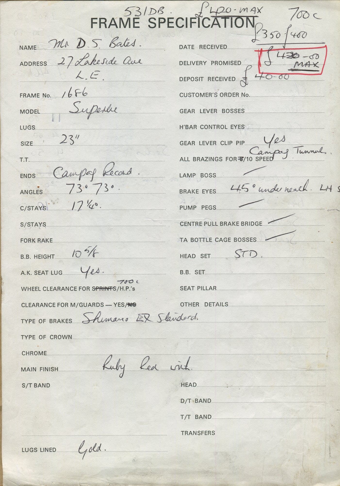 Workshop sheet for Superbe frame 1686