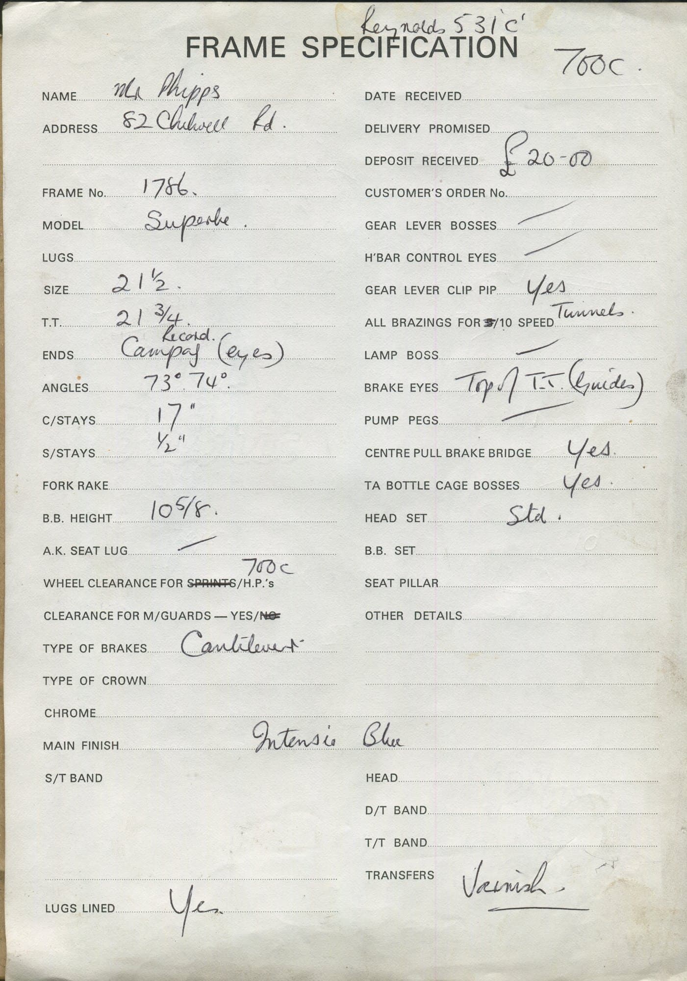 Workshop sheet for Superbe frame 1786