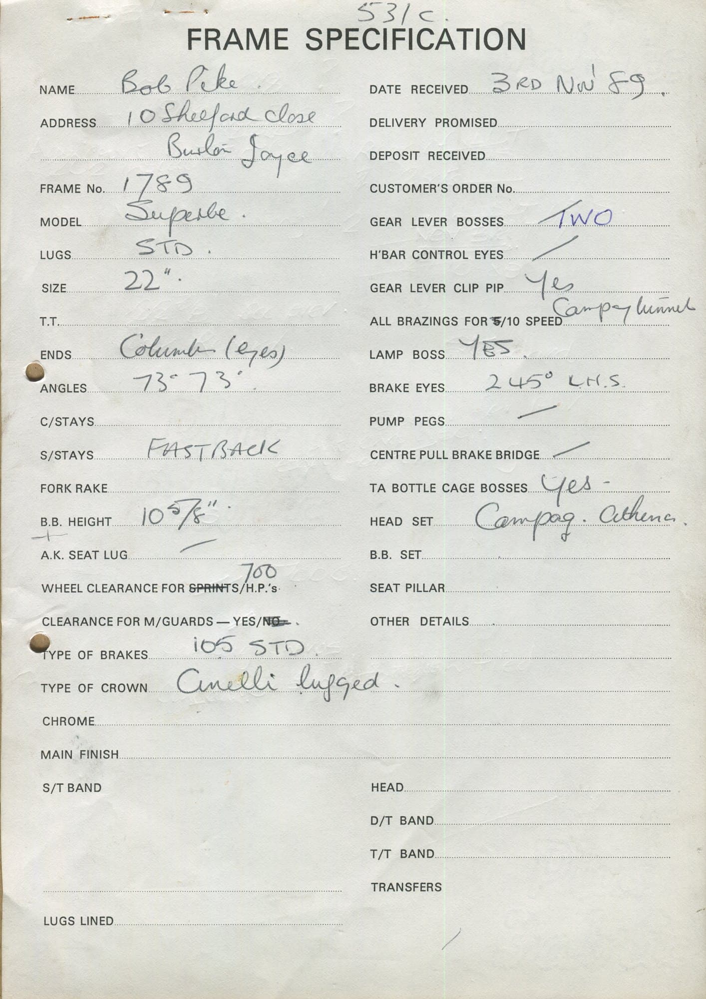 Workshop sheet for Superbe frame 1789