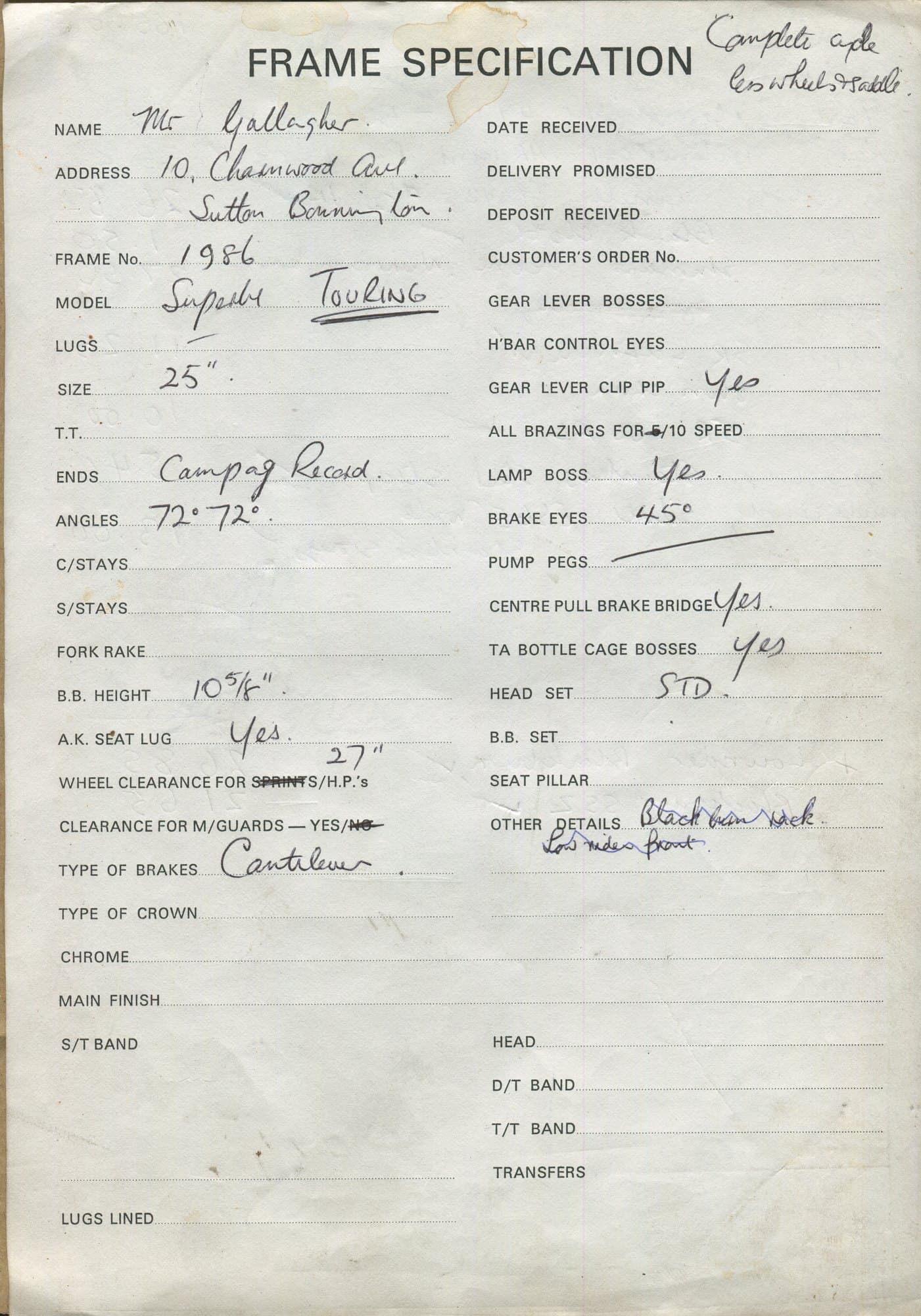 Workshop sheet for Superbe frame 1986