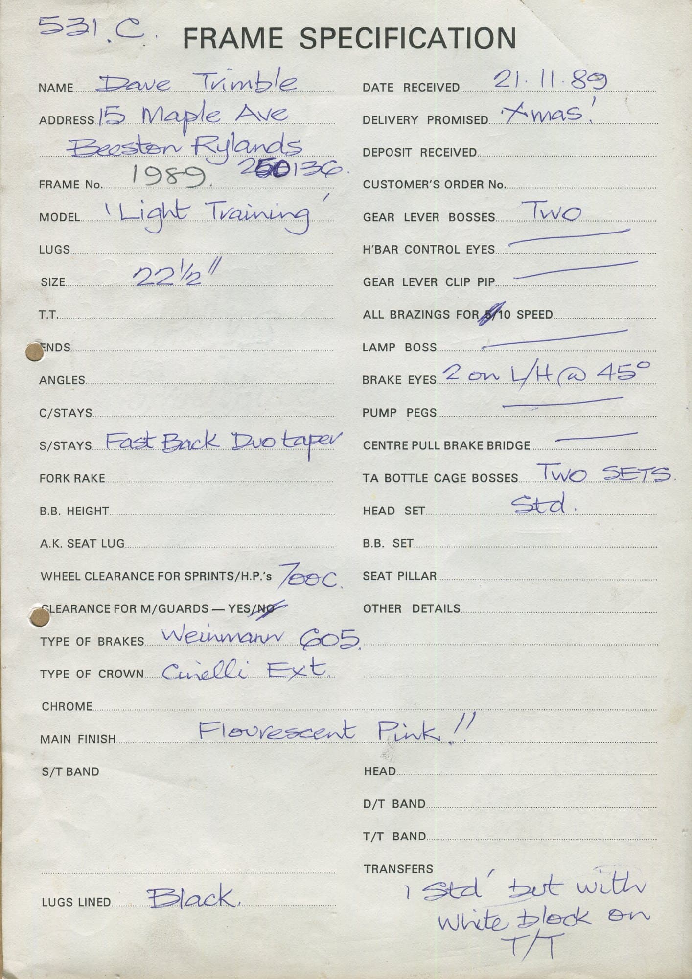 Workshop sheet for Superbe frame 1989