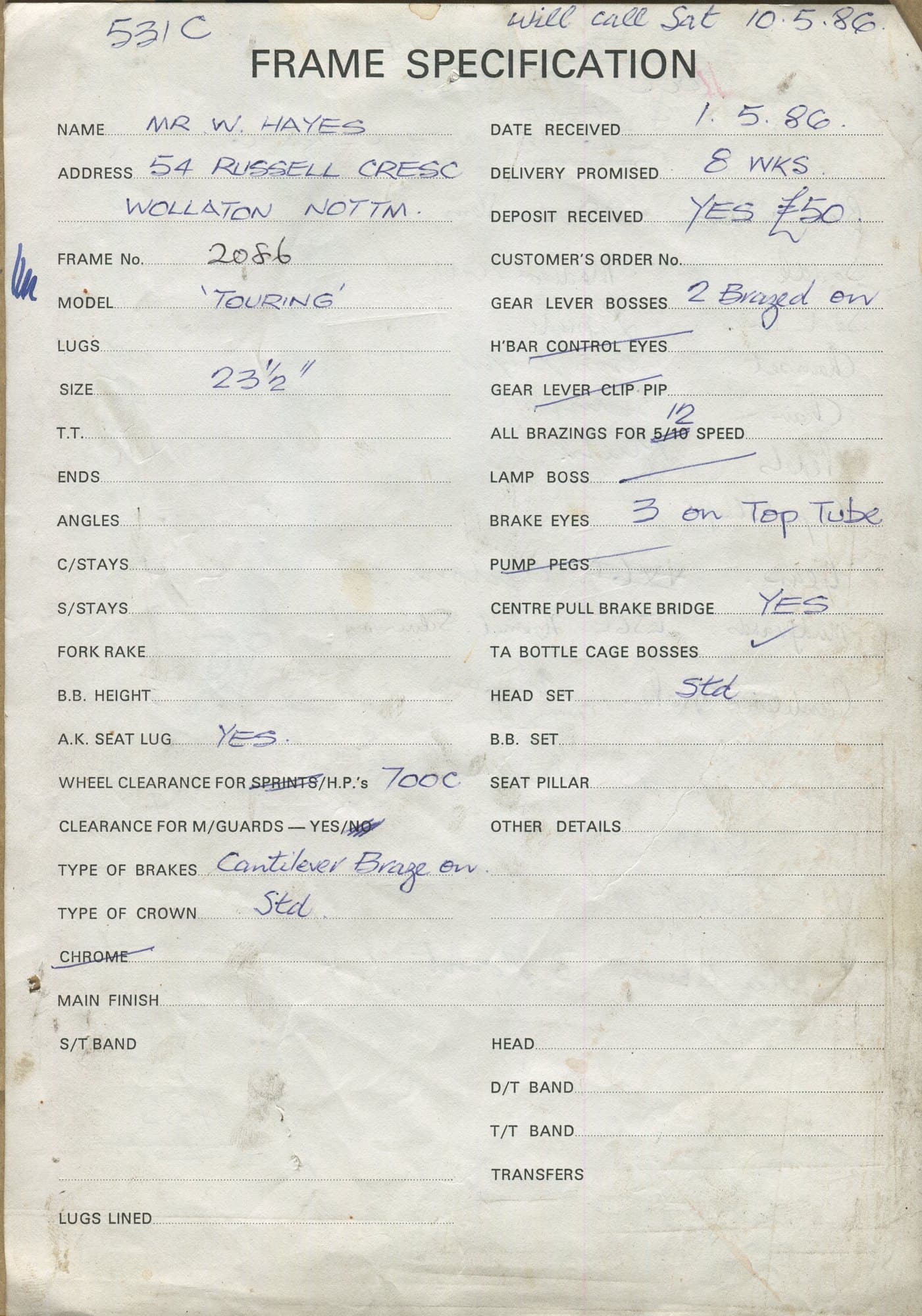 Workshop sheet for Superbe frame 2086