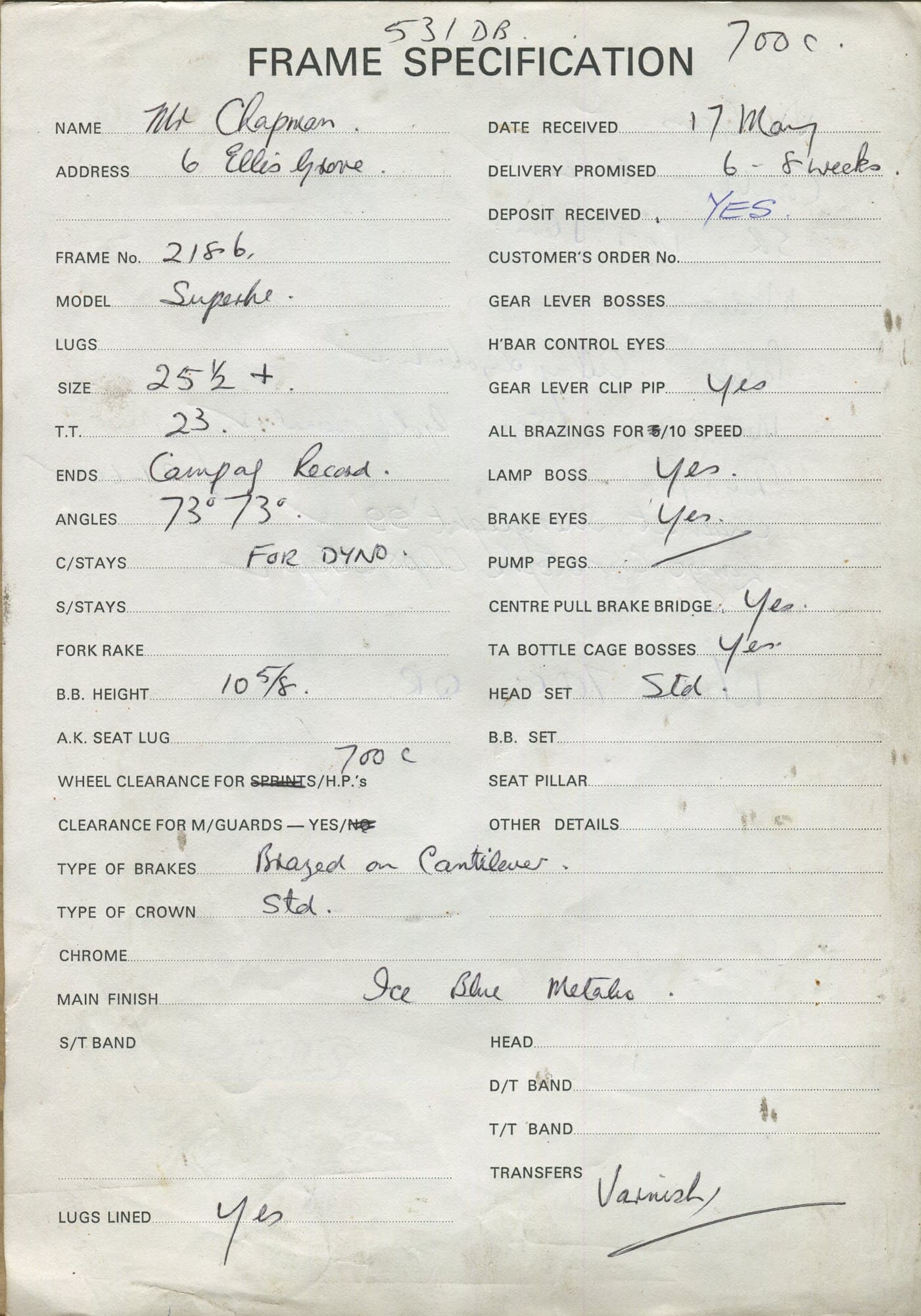 Workshop sheet for Superbe frame 2186