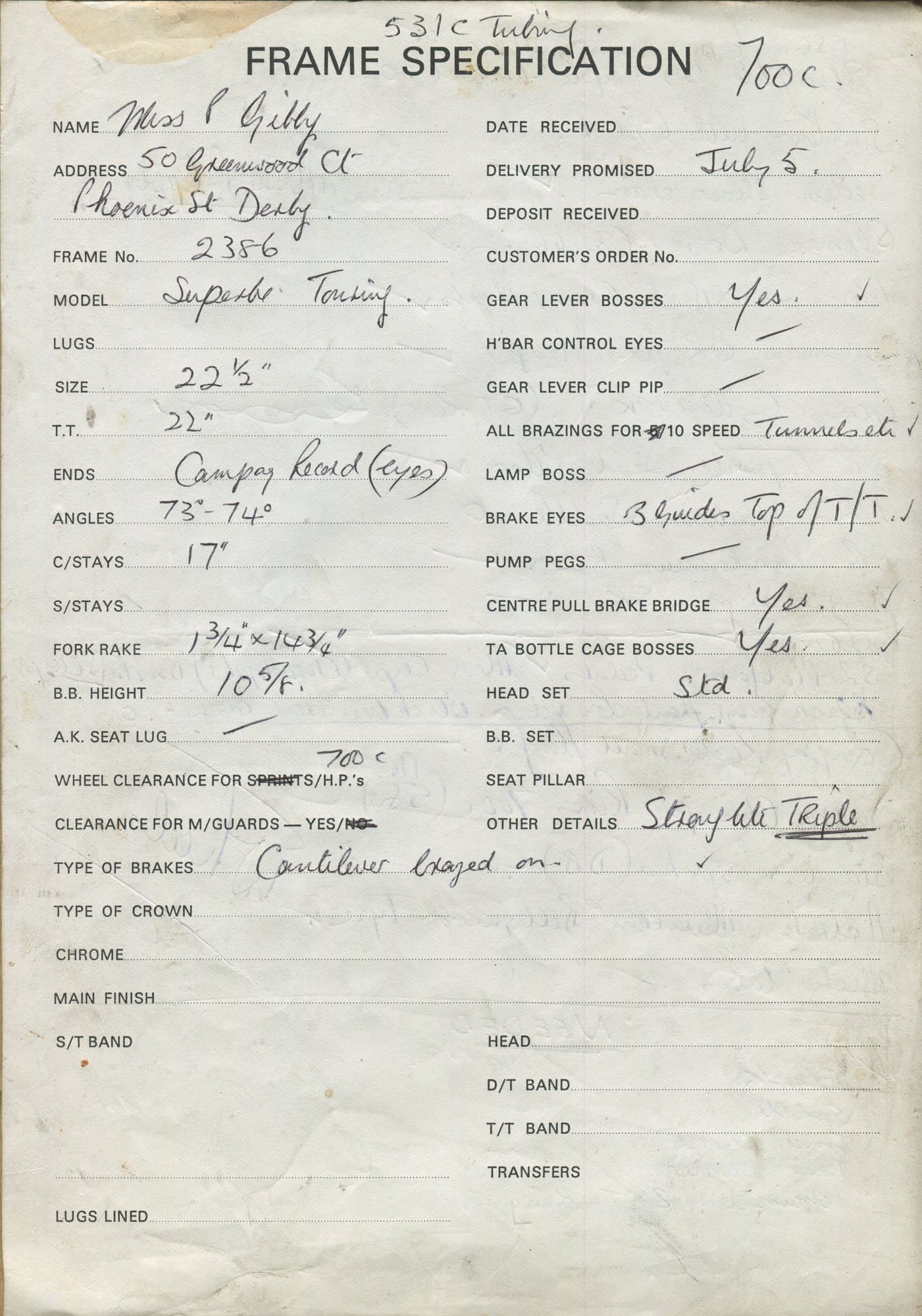 Workshop sheet for Superbe frame 2386