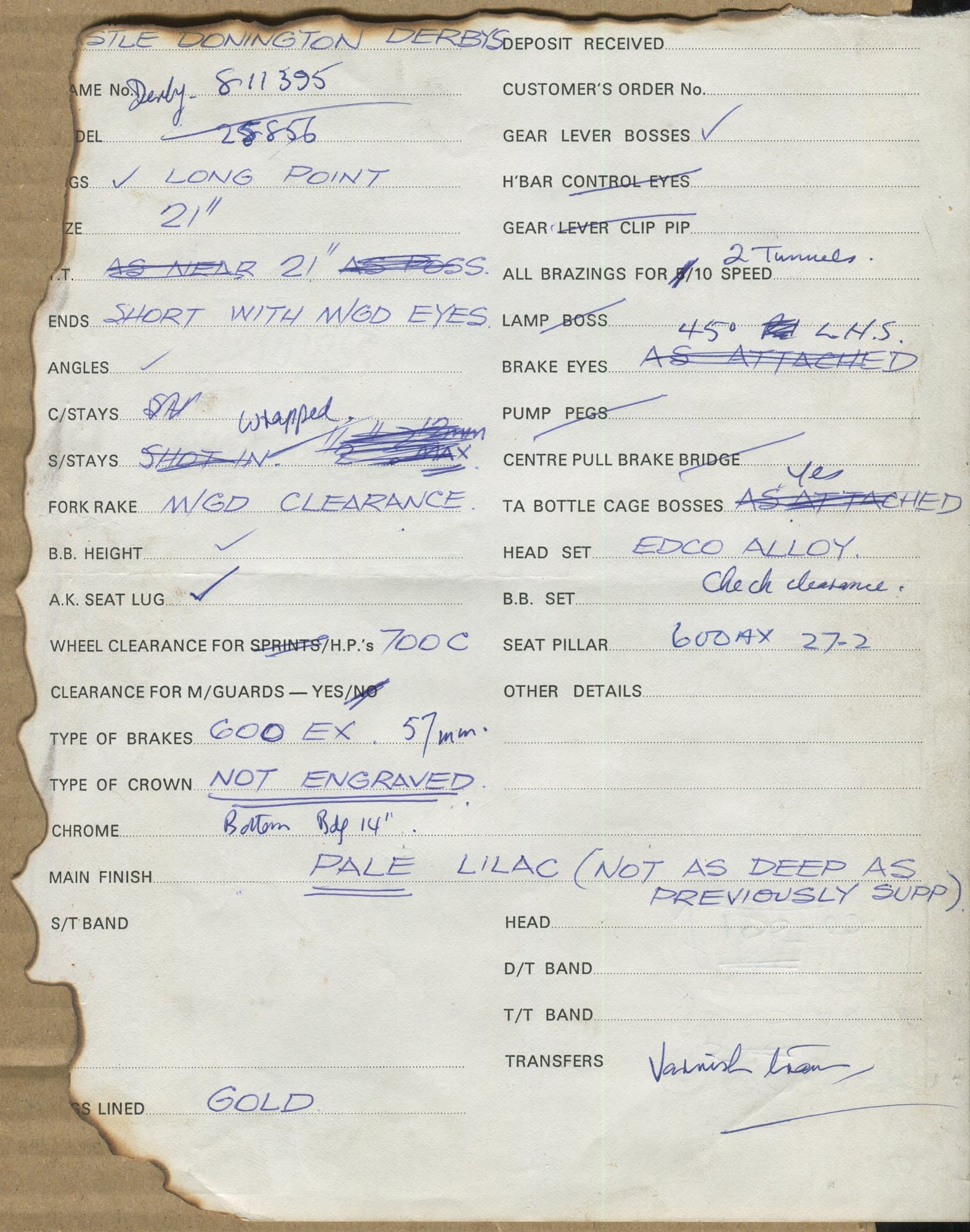 Workshop sheet for Superbe frame 25856