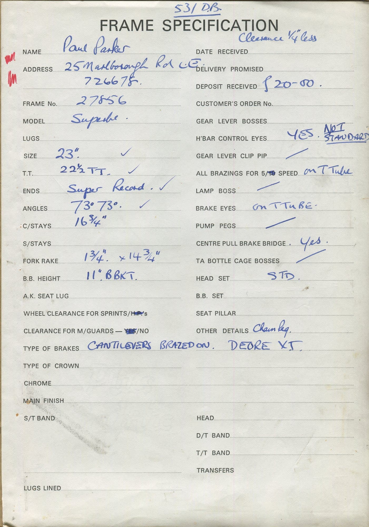 Workshop sheet for Superbe frame 27856