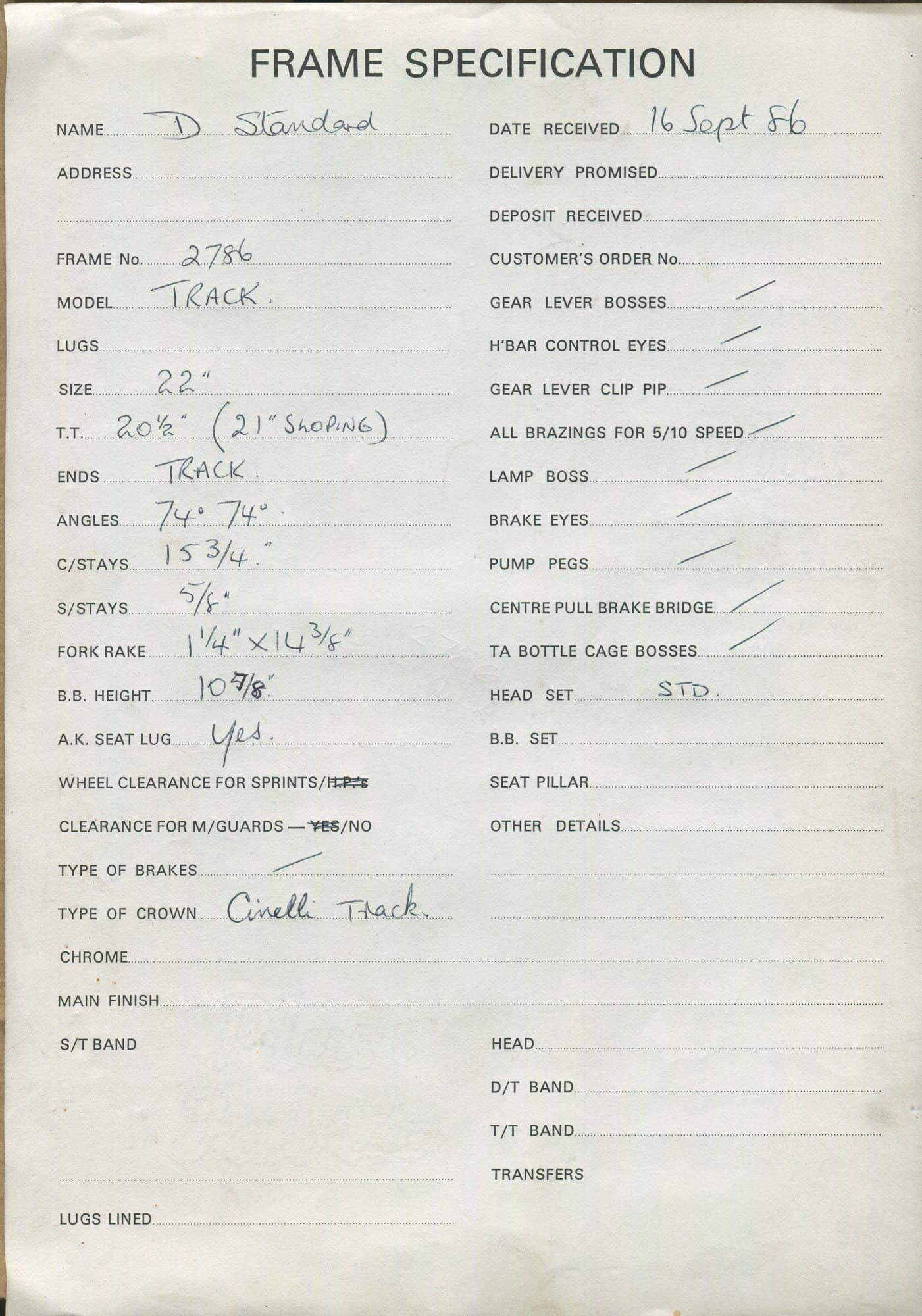Workshop sheet for Superbe frame 2786