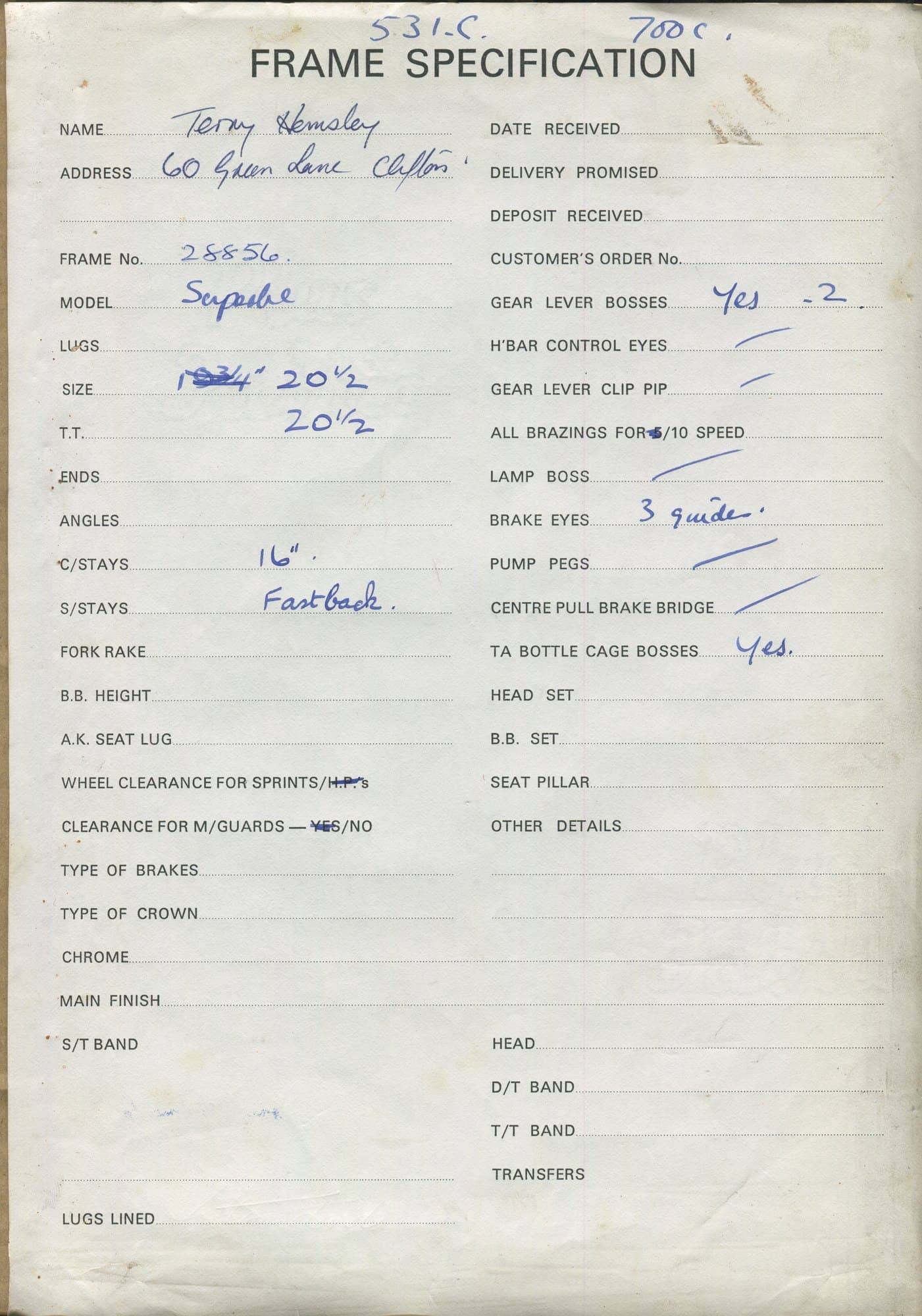 Workshop sheet for Superbe frame 28856