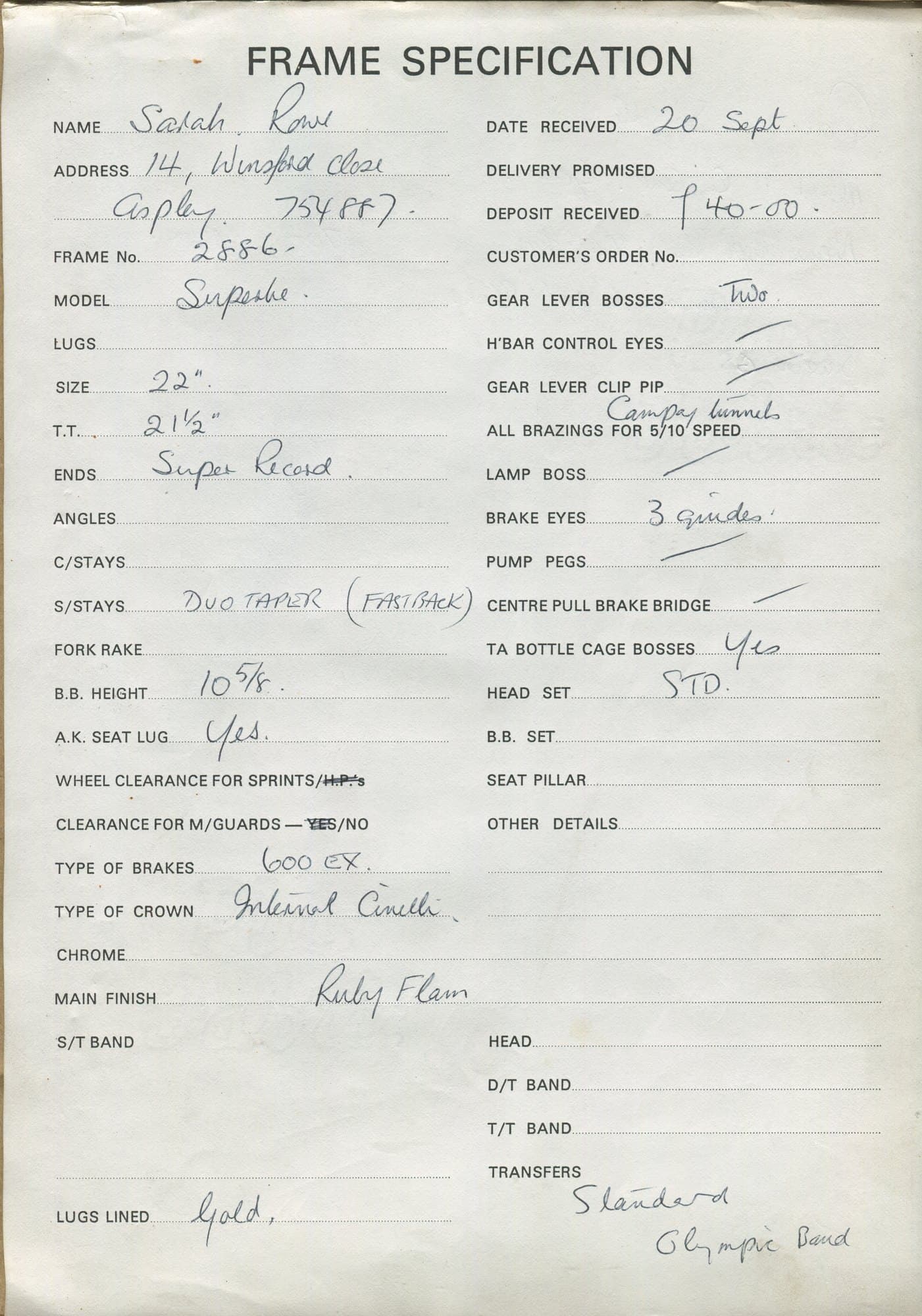 Workshop sheet for Superbe frame 2886