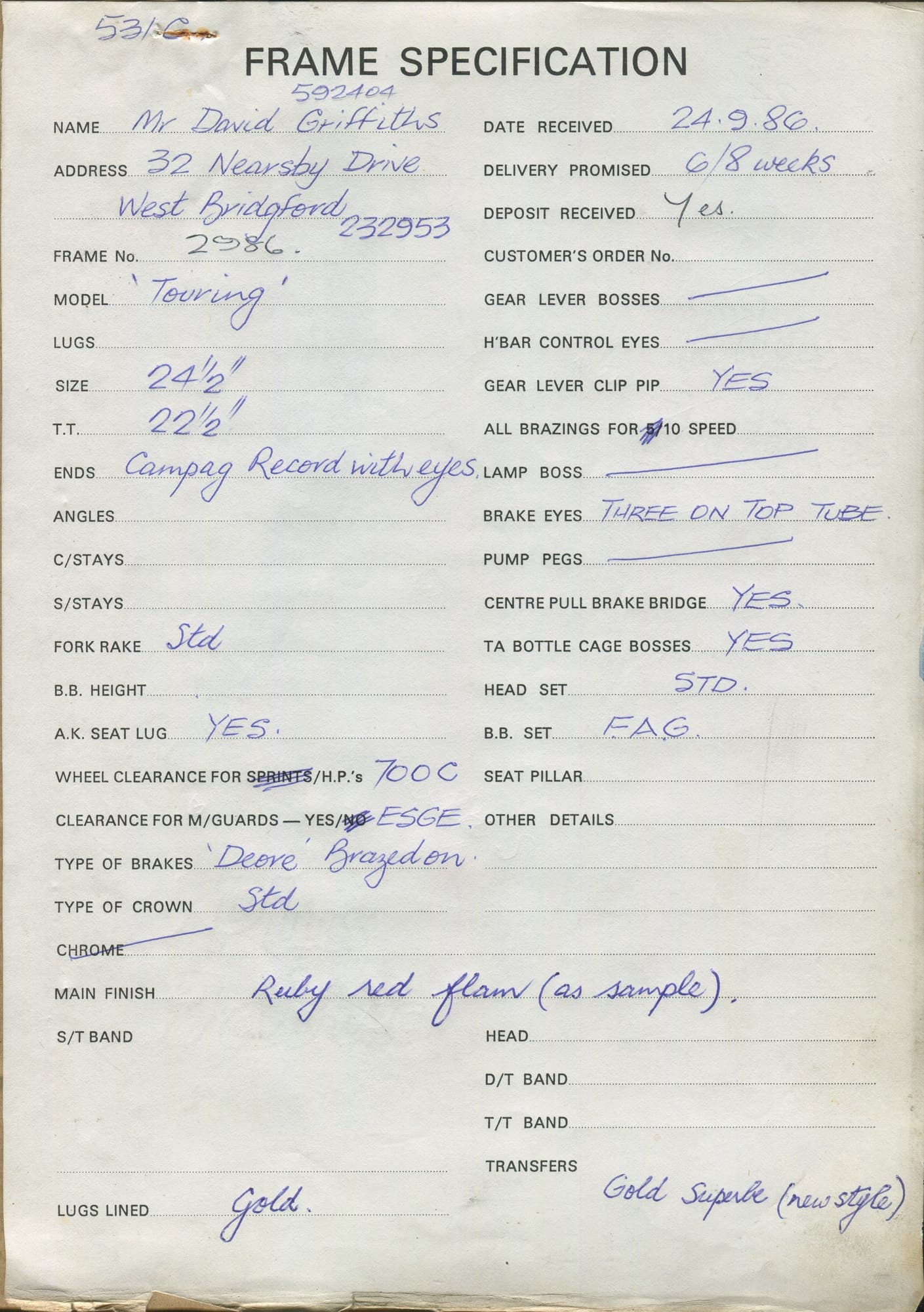 Workshop sheet for Superbe frame 2986
