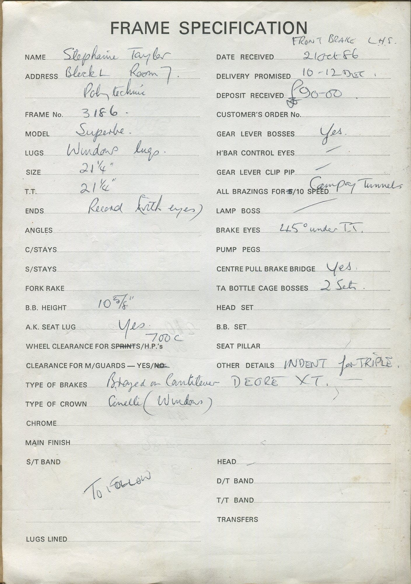 Workshop sheet for Superbe frame 3186