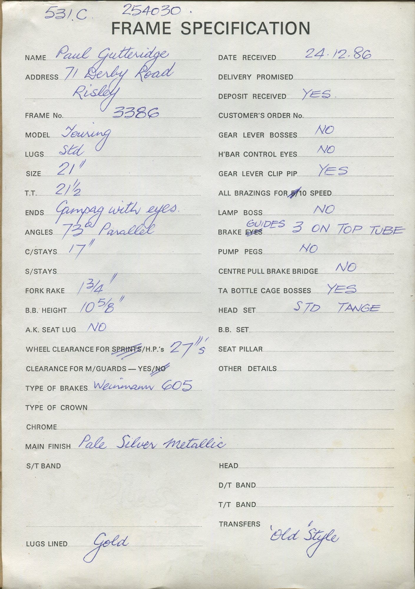 Workshop sheet for Superbe frame 3386